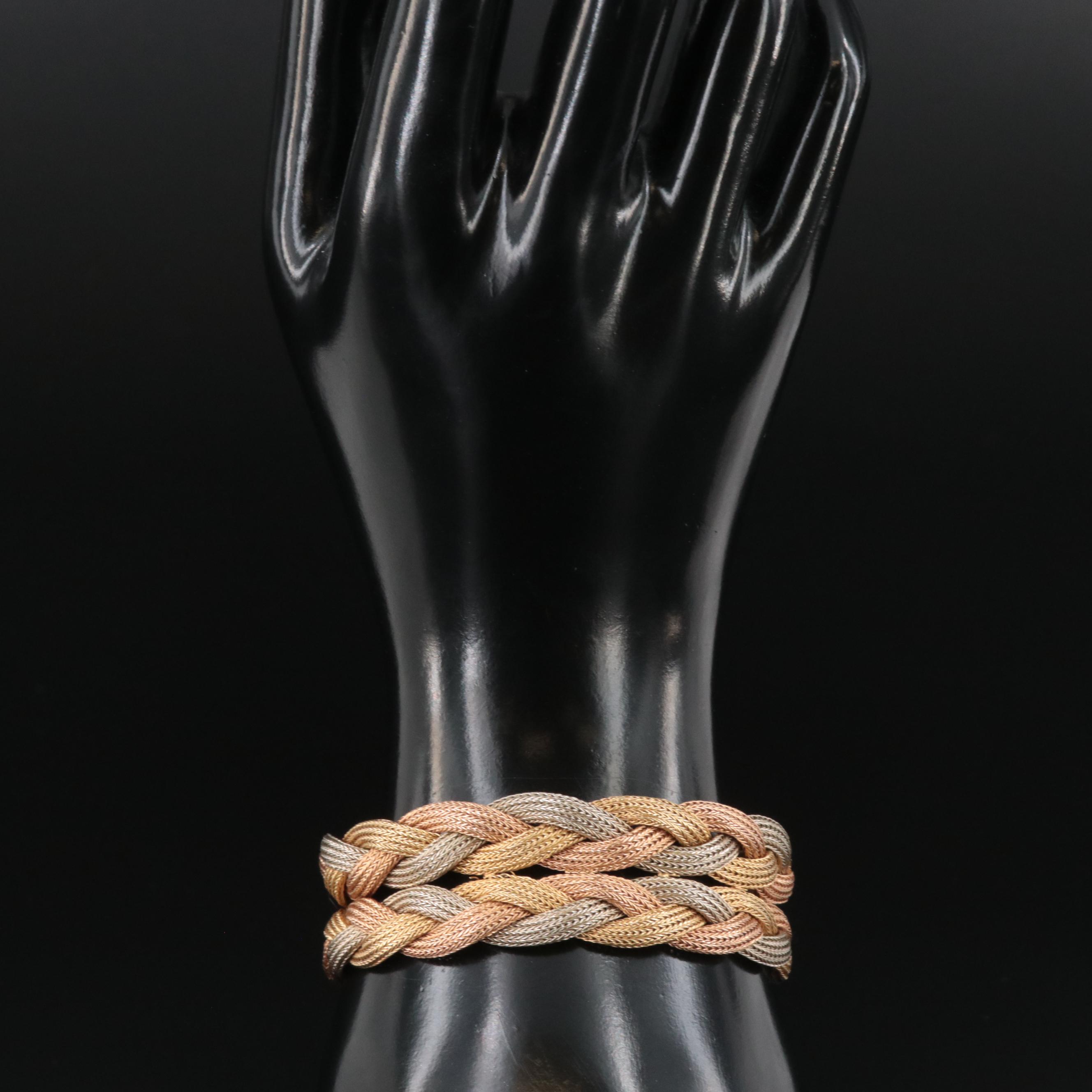 Italian Filippini Fratelli 18K Tri-Color Gold Braided Foxtail Mesh Bracelet