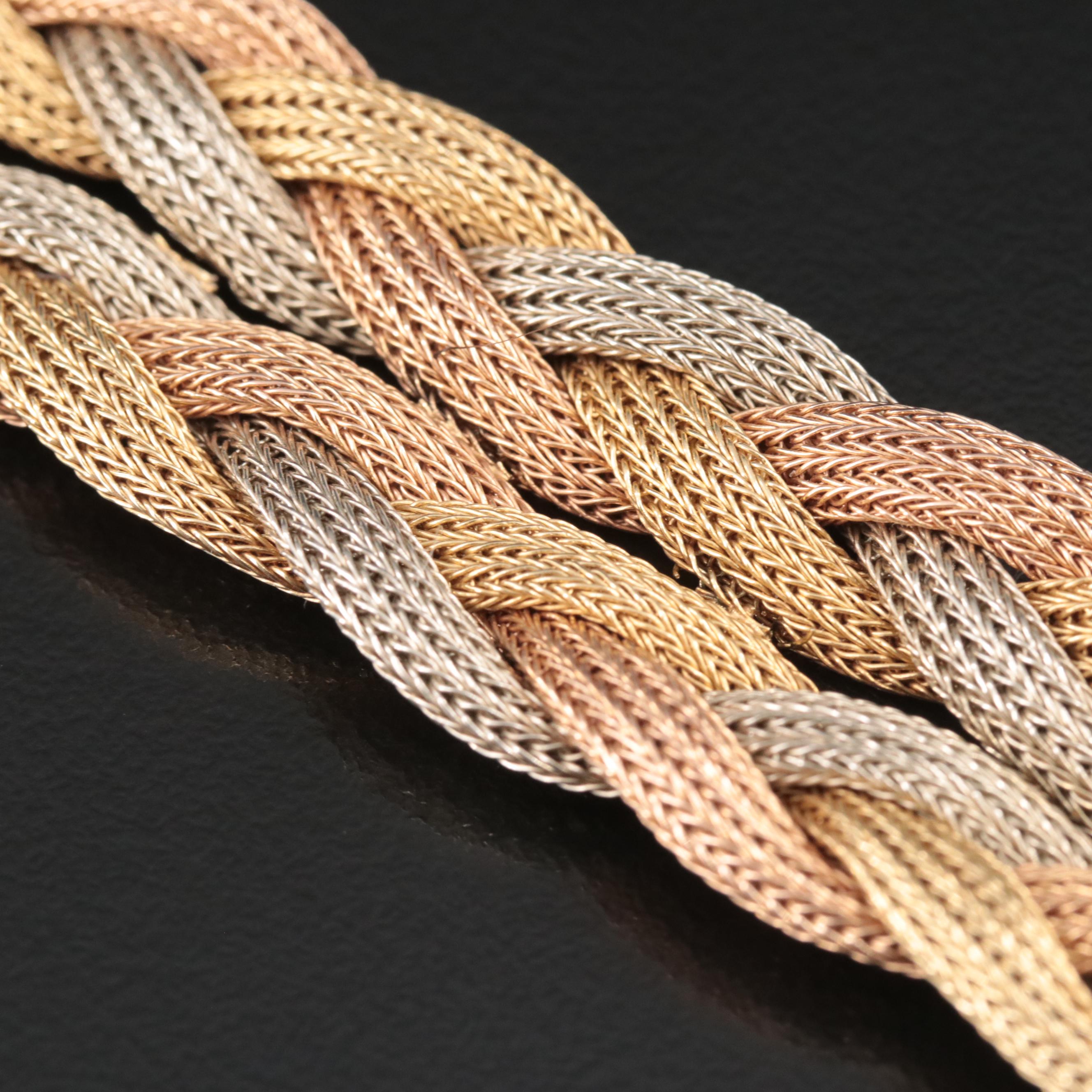 Italian Filippini Fratelli 18K Tri-Color Gold Braided Foxtail Mesh Bracelet