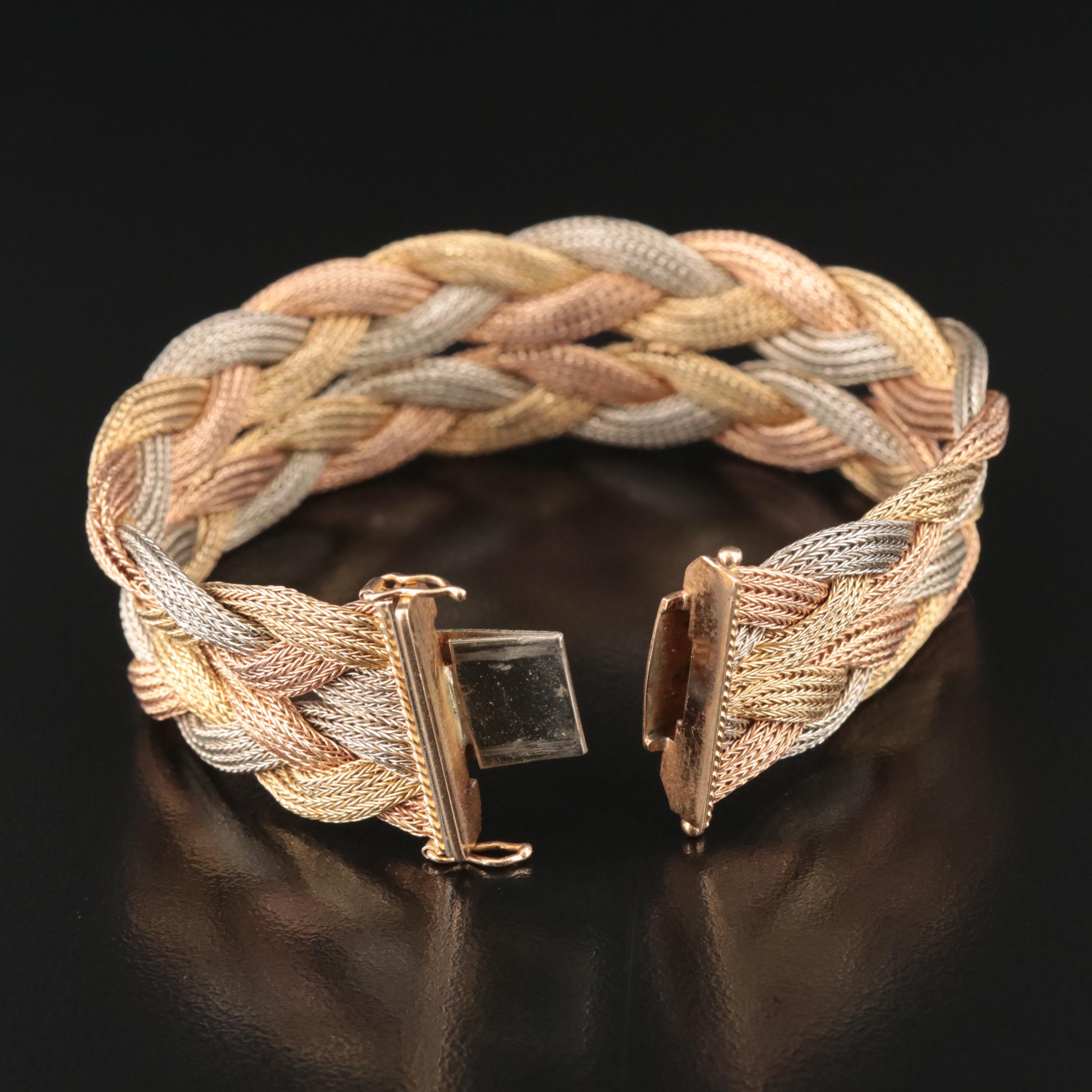 Italian Filippini Fratelli 18K Tri-Color Gold Braided Foxtail Mesh Bracelet