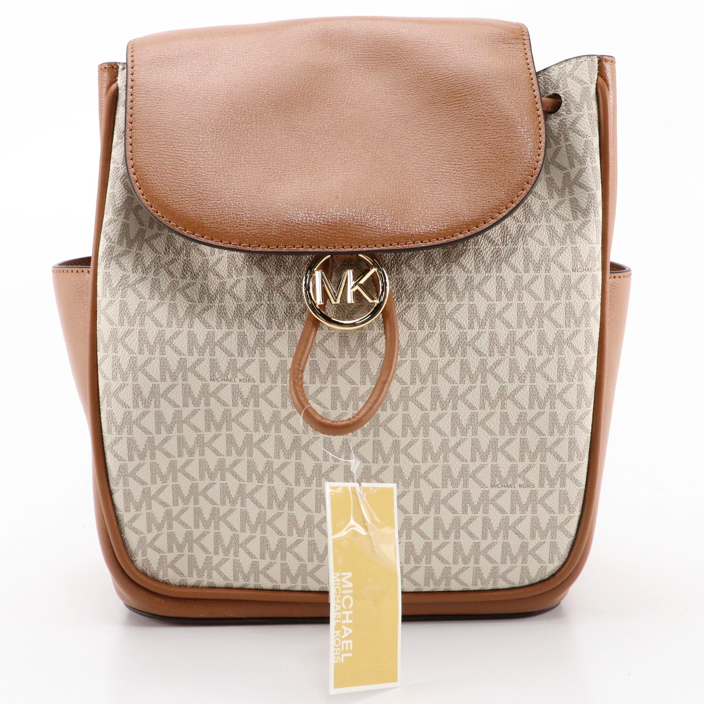 Michael Kors Medium Cheryl Backpack in Vanilla Coated Canvas & Acorn Leather
