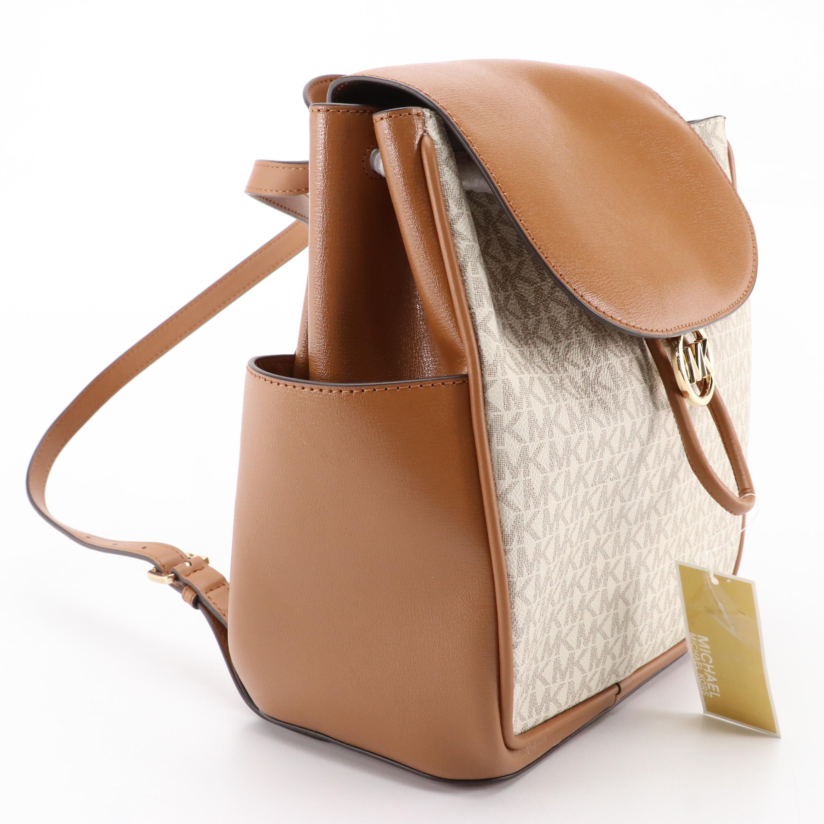 Michael Kors Medium Cheryl Backpack in Vanilla Coated Canvas & Acorn Leather