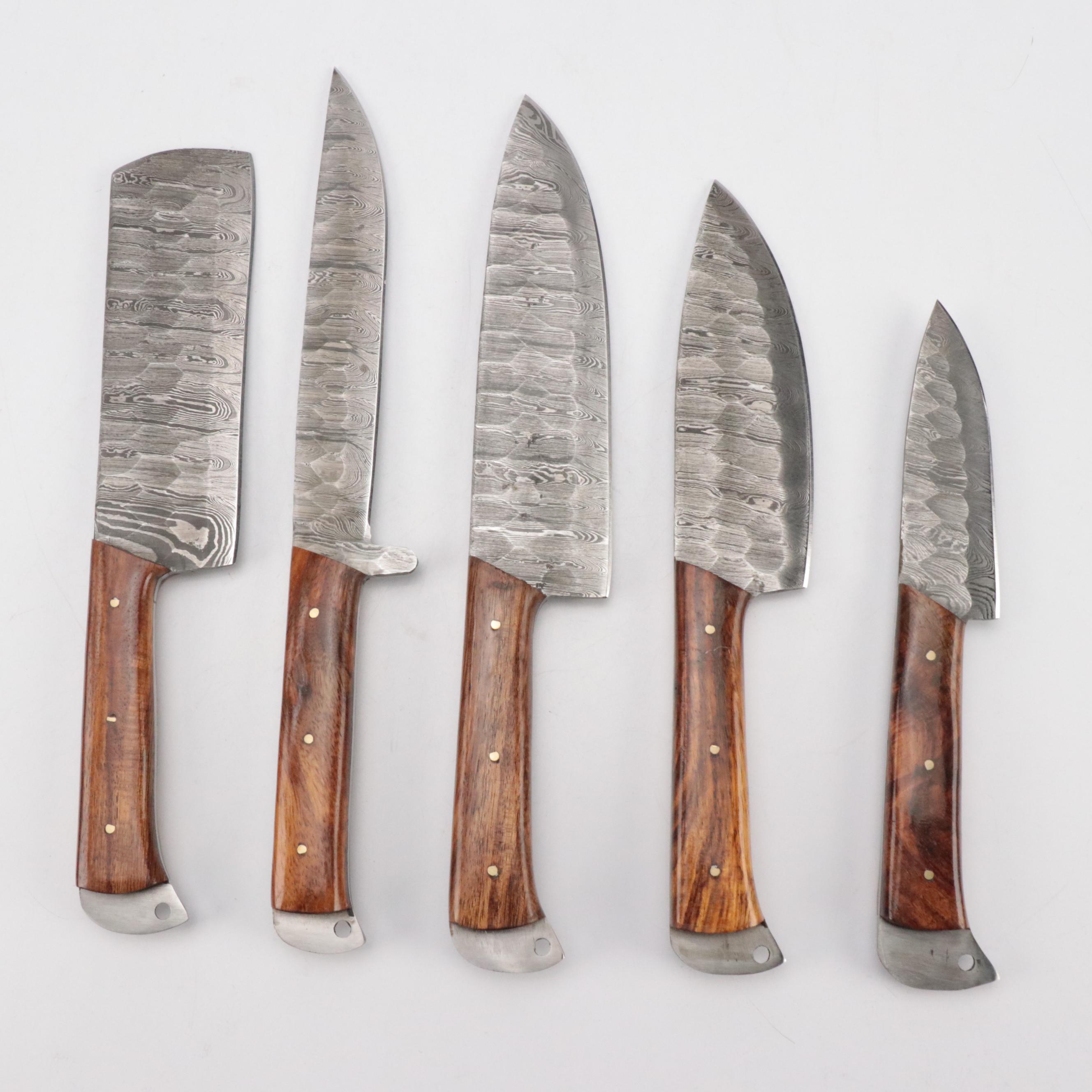 Damascus Steel Bladed Kitchen Knife Set with Wood Handles