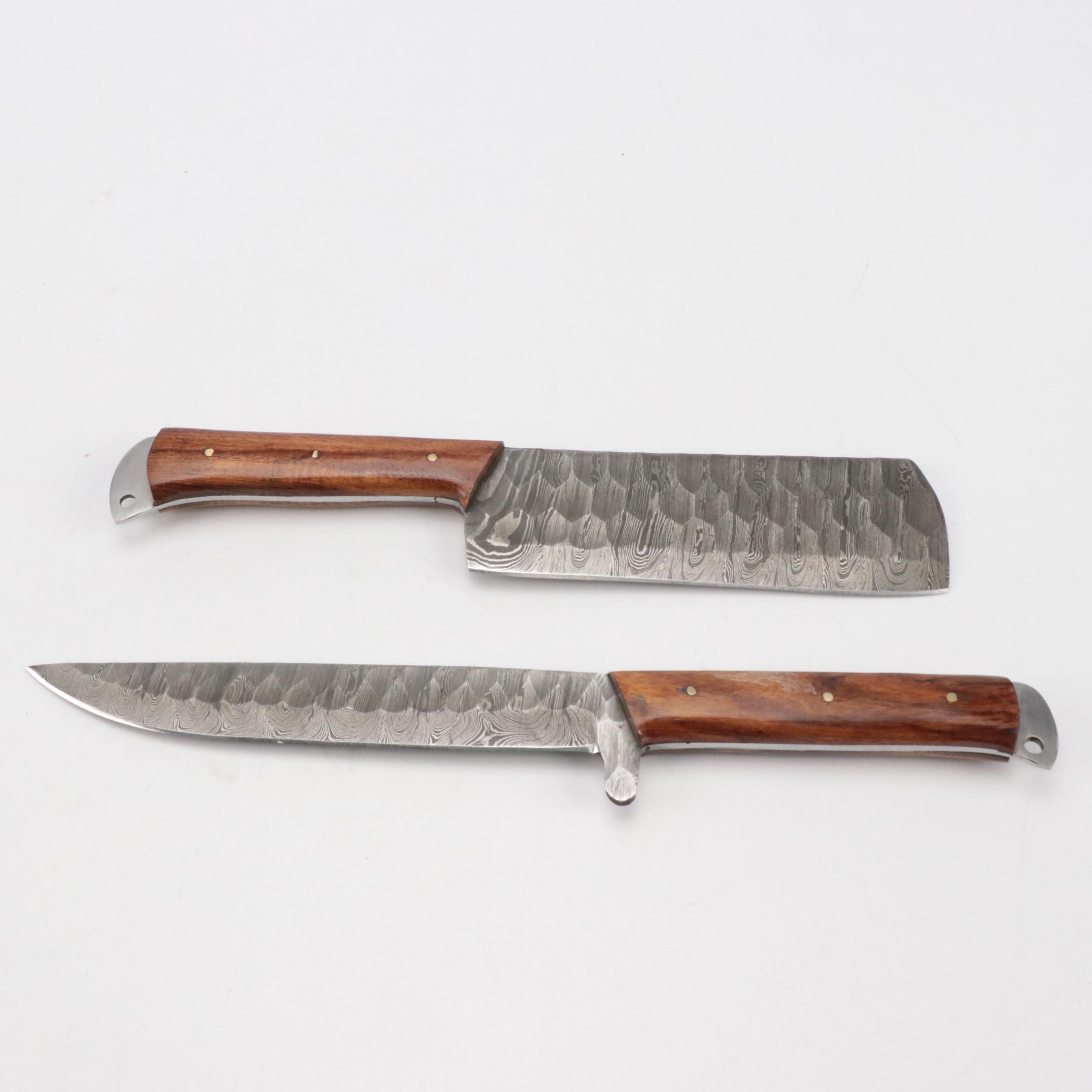 Damascus Steel Bladed Kitchen Knife Set with Wood Handles