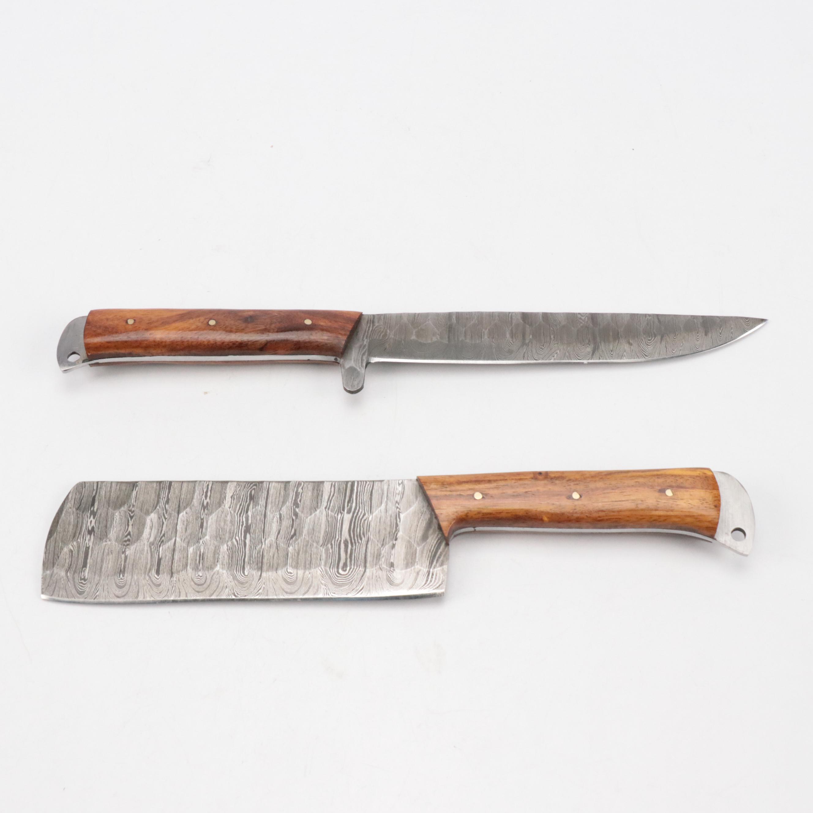 Damascus Steel Bladed Kitchen Knife Set with Wood Handles