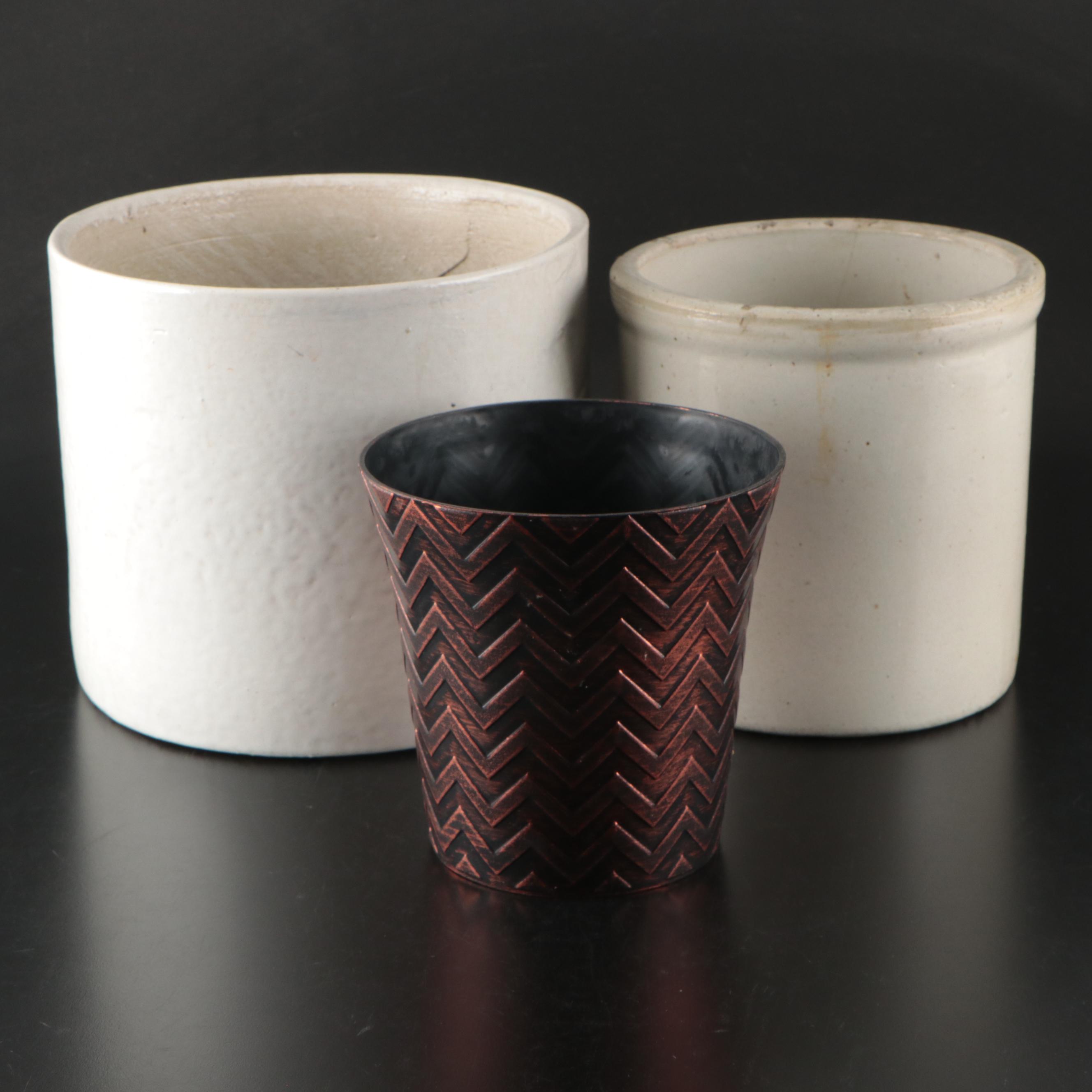 Salt Glazed Stoneware Crock with Ceramic and Plastic Planters