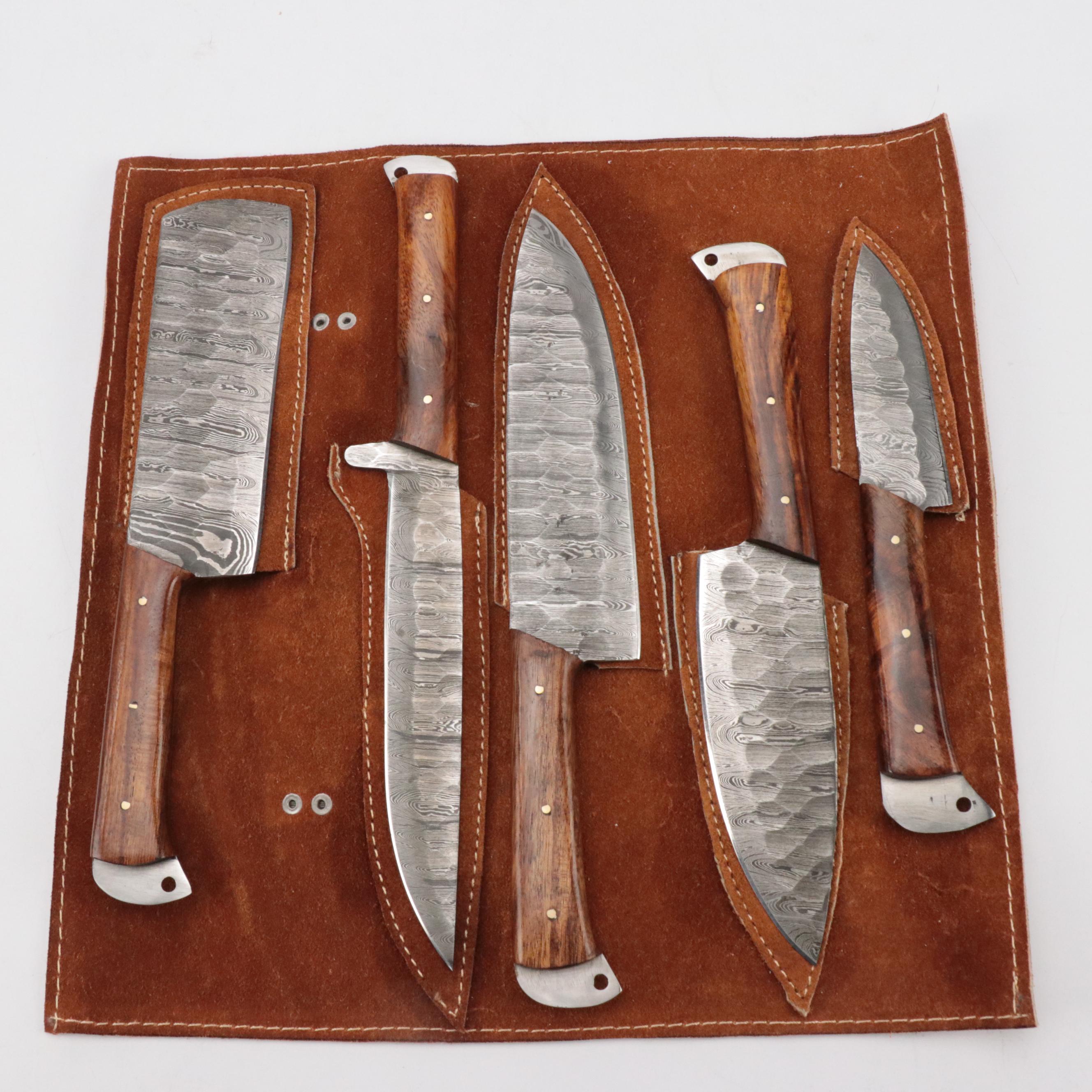 Damascus Steel Bladed Kitchen Knife Set with Wood Handles