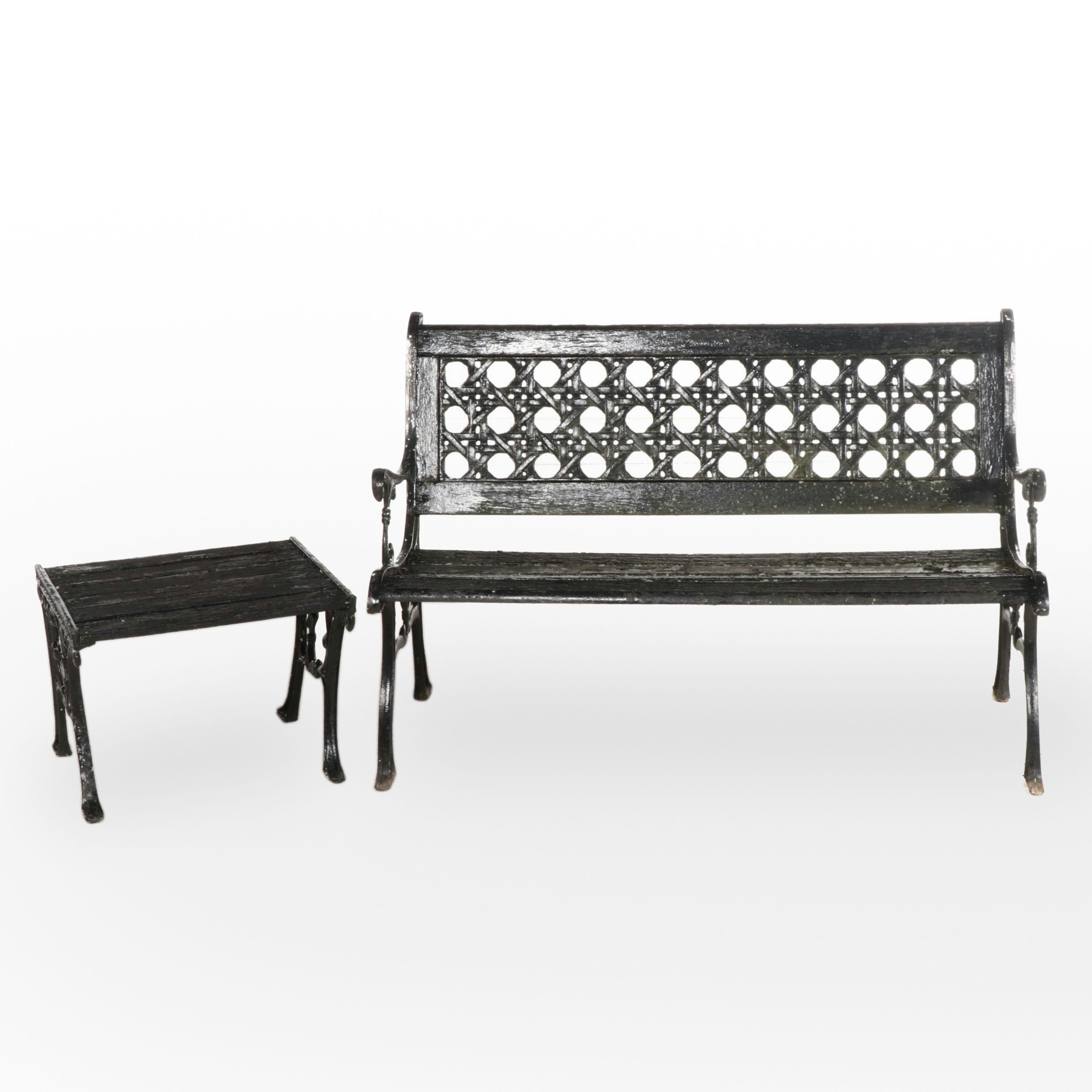 Black Enamel Painted Cast Iron and Wooden Patio Bench with Side Table