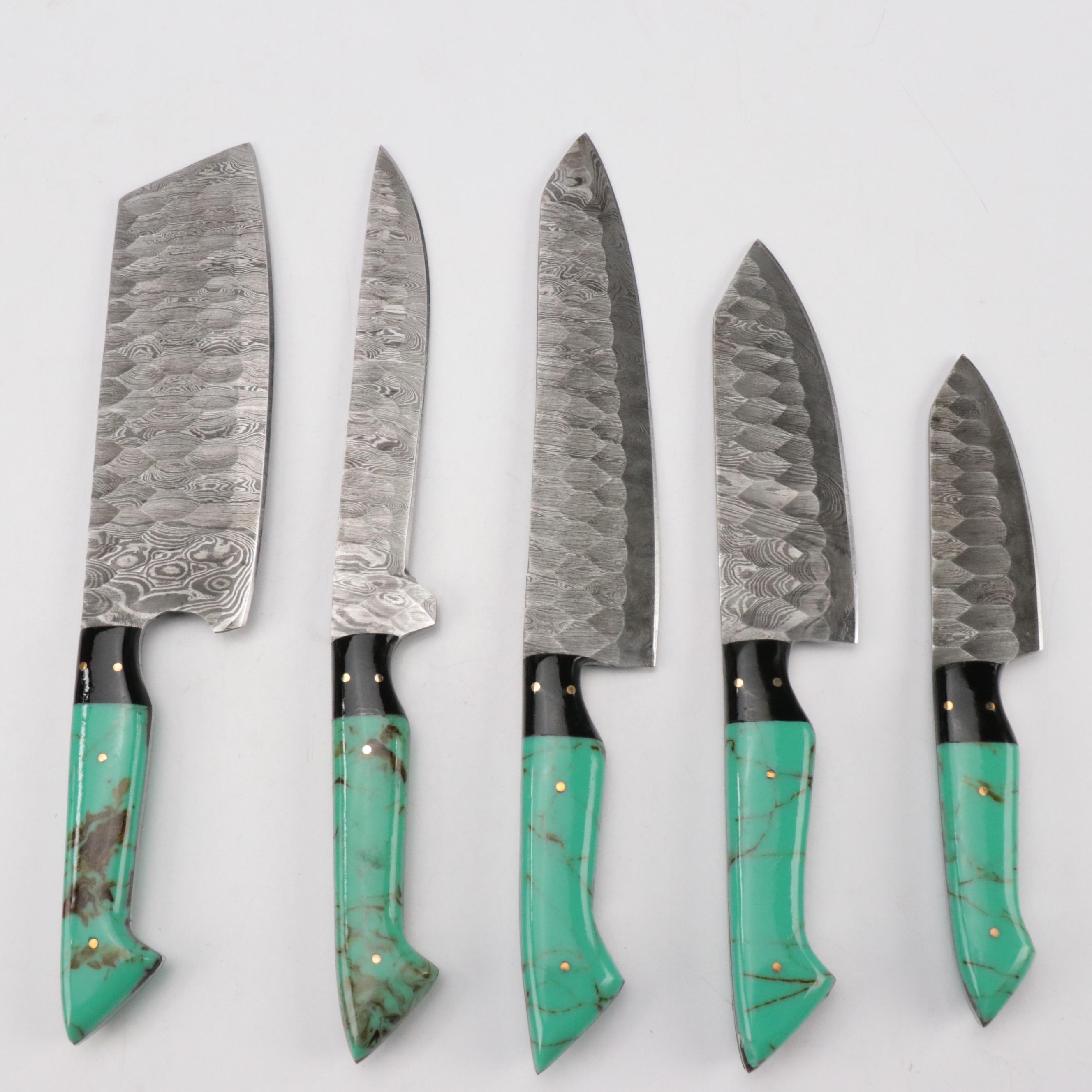 Handcrafted Damascus Steel Knife Set with Leather Knife Roll