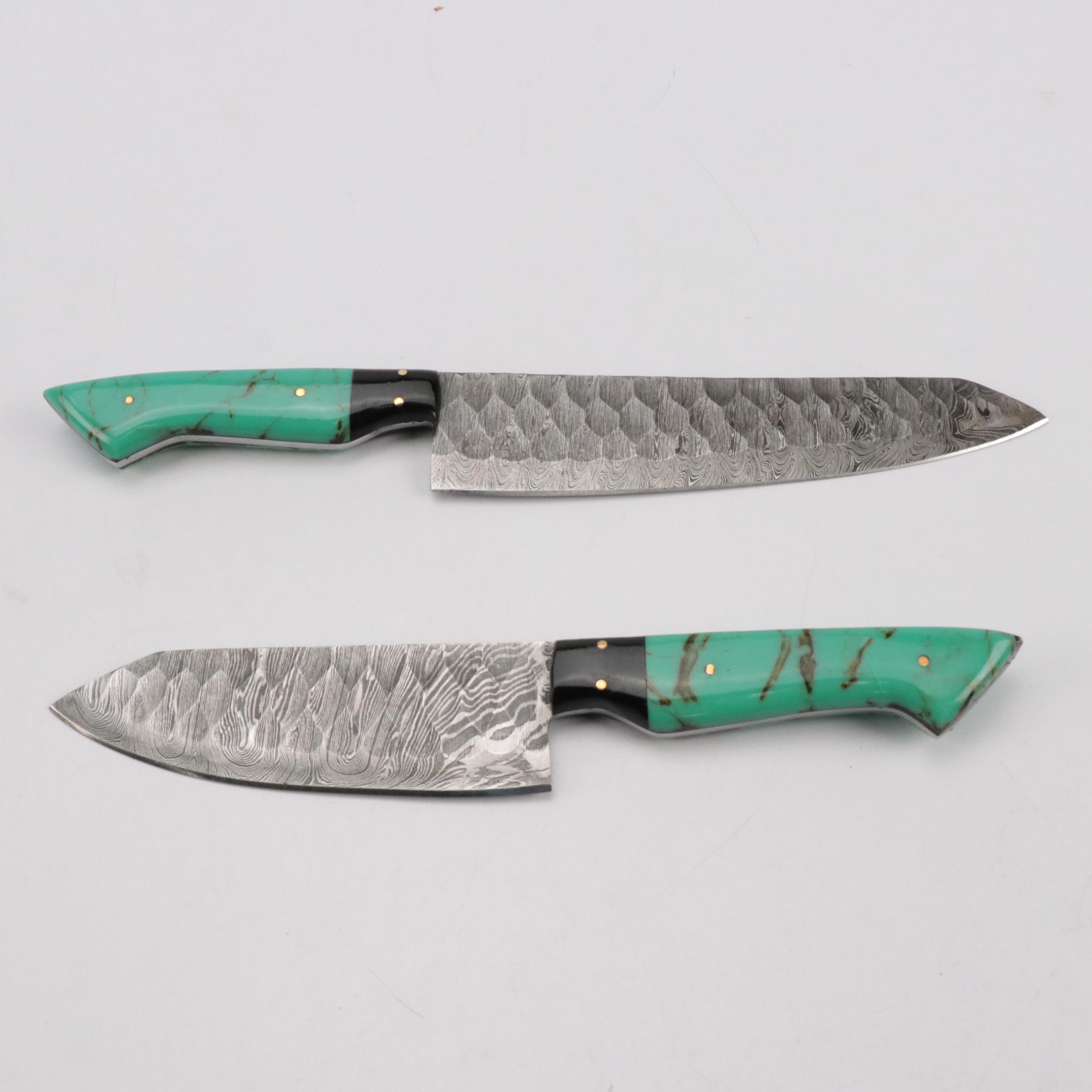 Handcrafted Damascus Steel Knife Set with Leather Knife Roll