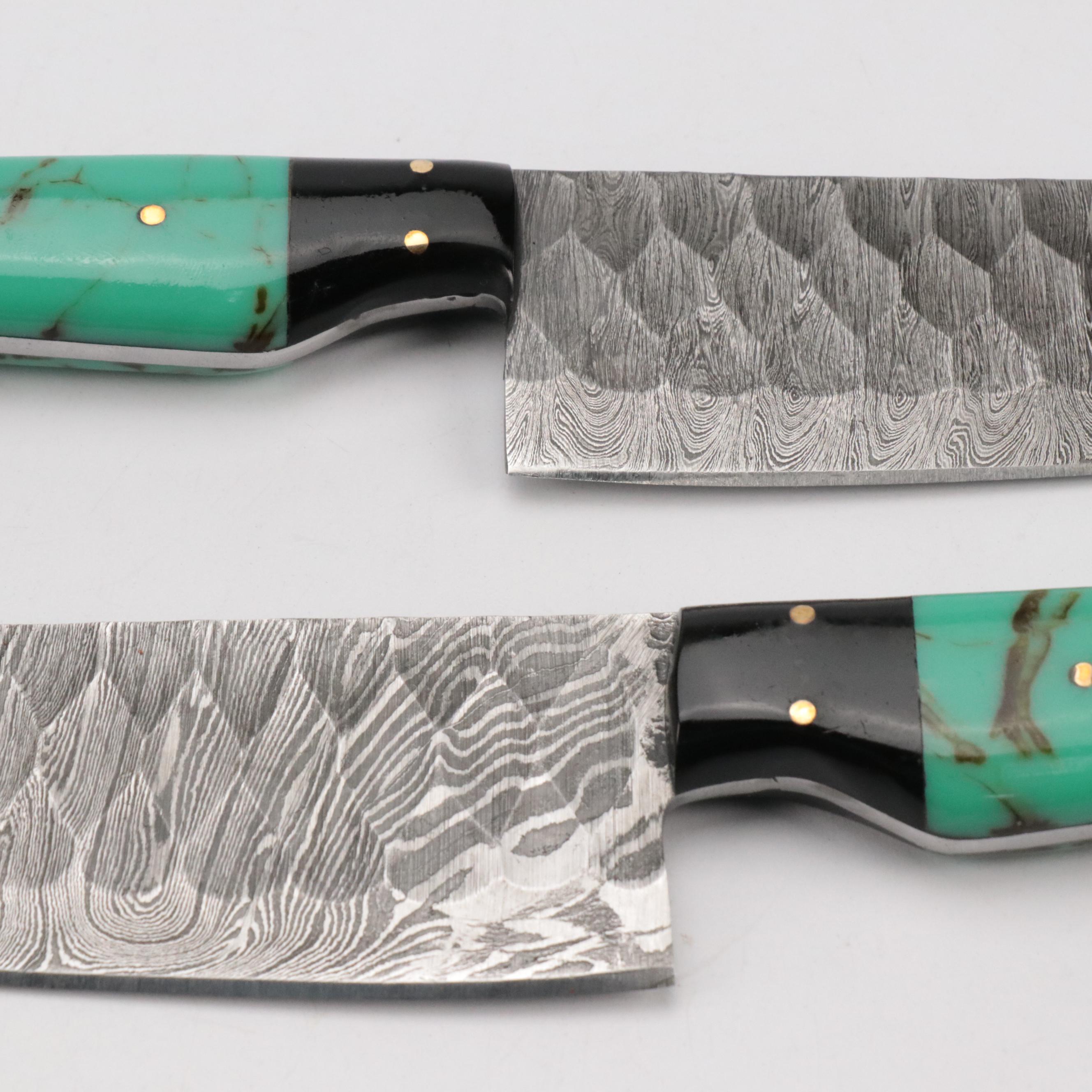 Handcrafted Damascus Steel Knife Set with Leather Knife Roll
