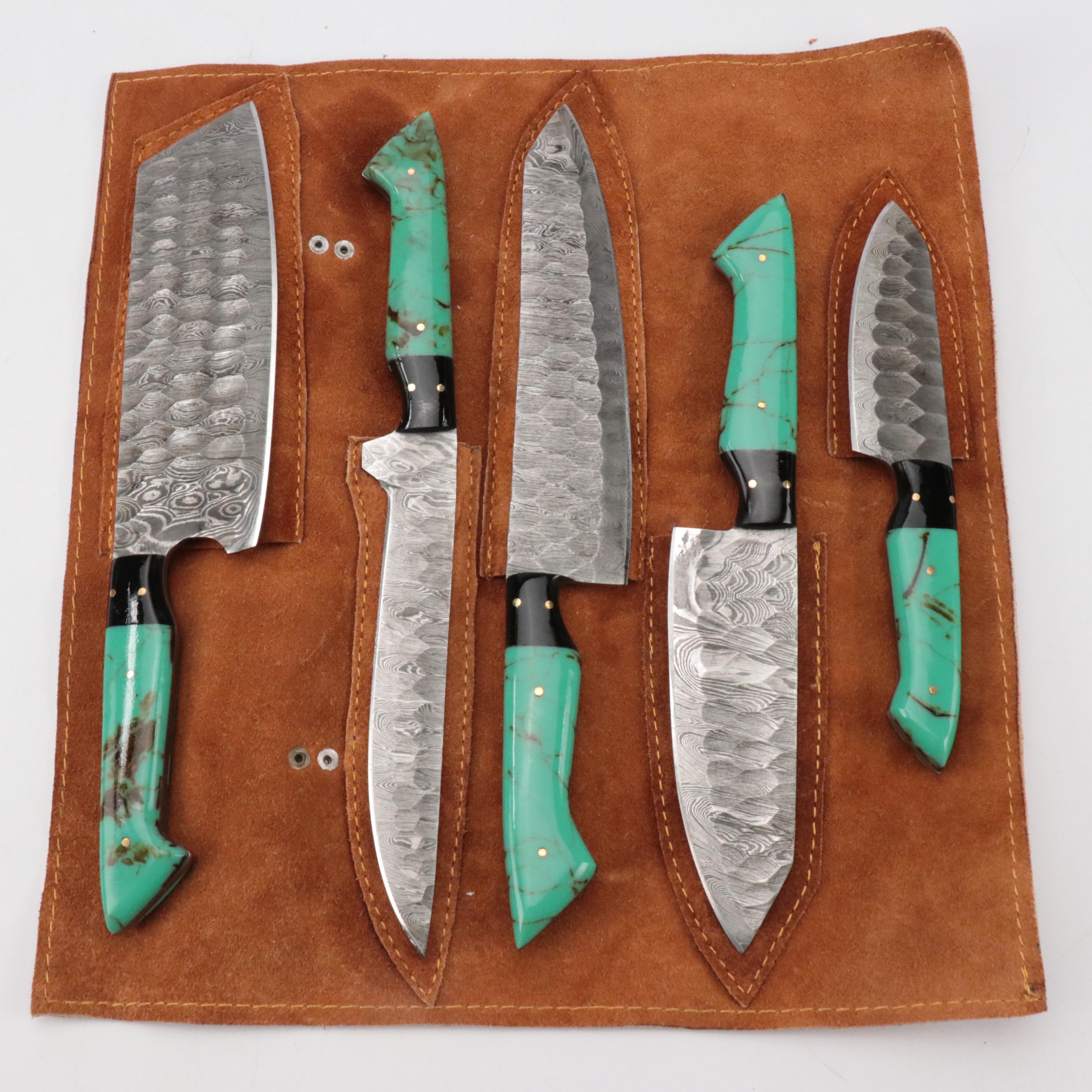Handcrafted Damascus Steel Knife Set with Leather Knife Roll
