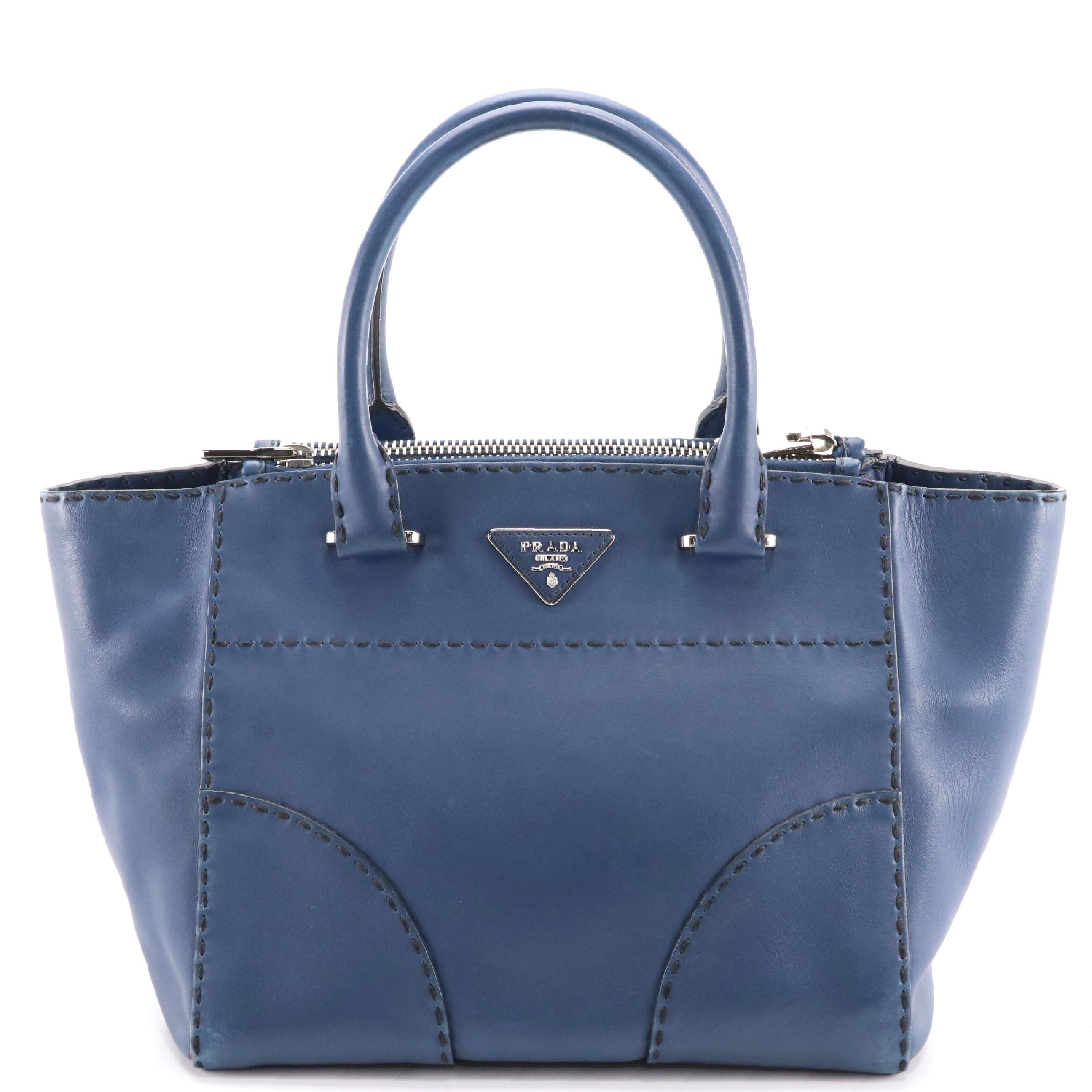 Prada Stitched Twin-Pocket Top-Handle Tote in Deep Blue Leather