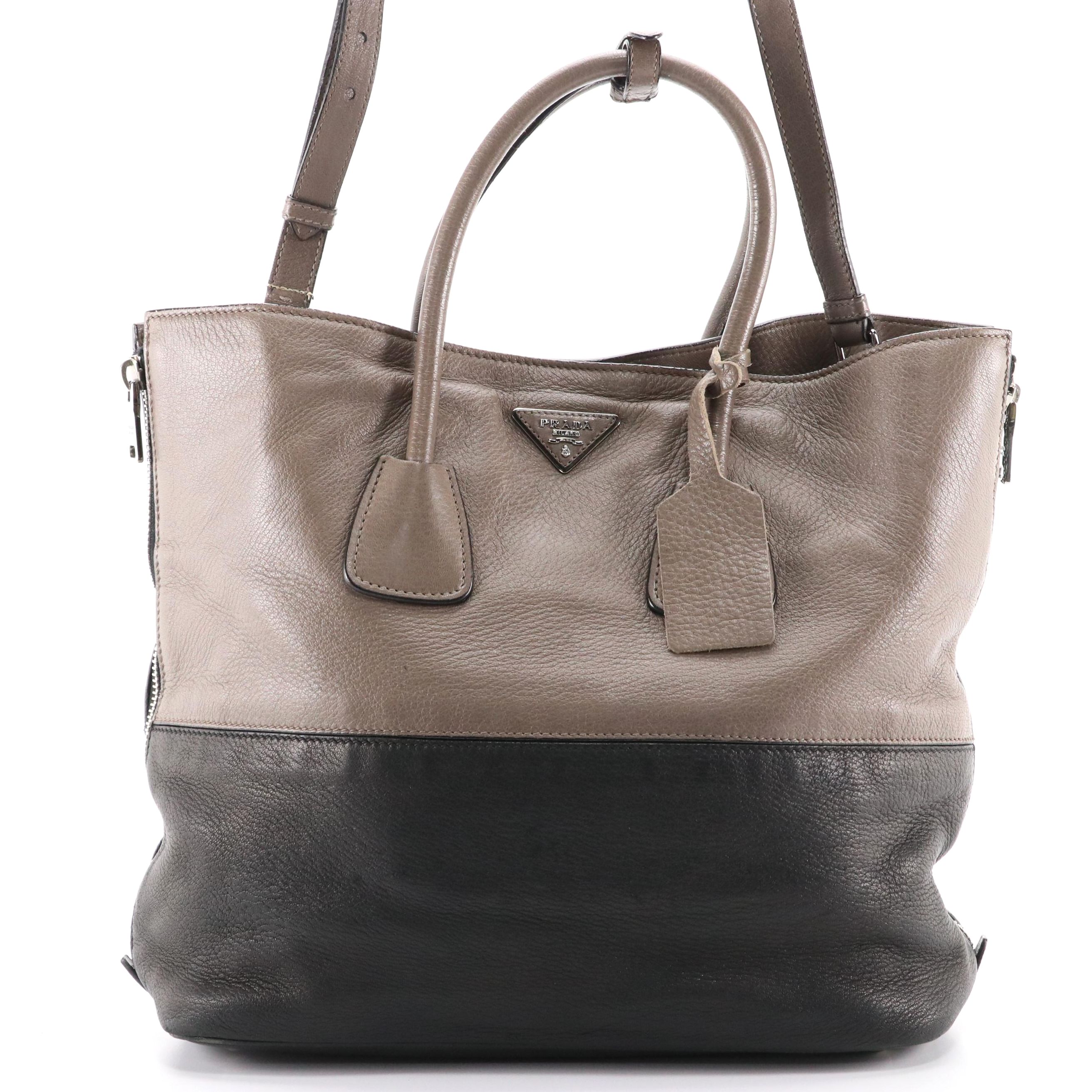 Prada Two-Way Tote Bag in Taupe and Black Cervo Leather With Side Zipper Accents