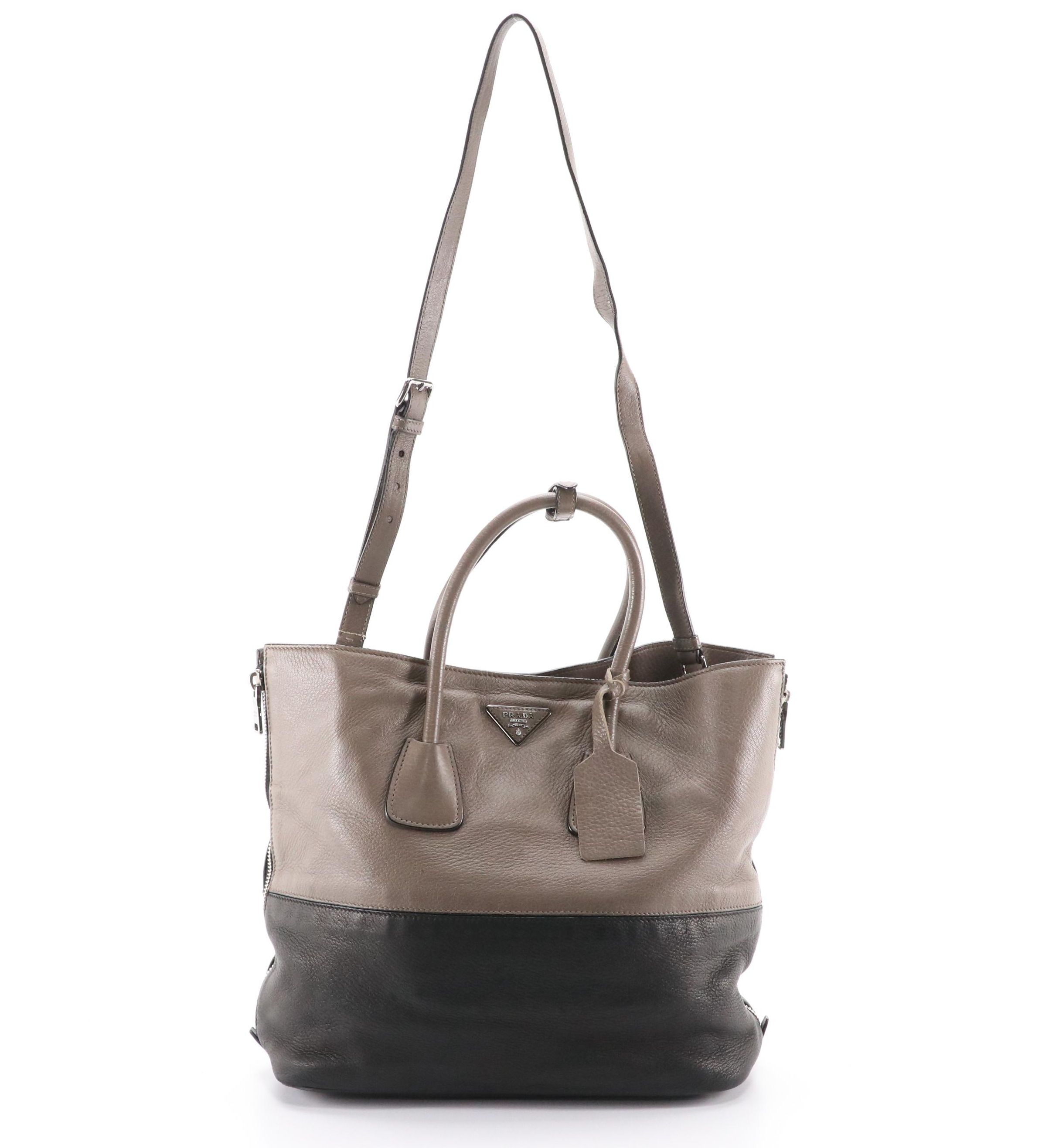 Prada Two-Way Tote Bag in Taupe and Black Cervo Leather With Side Zipper Accents