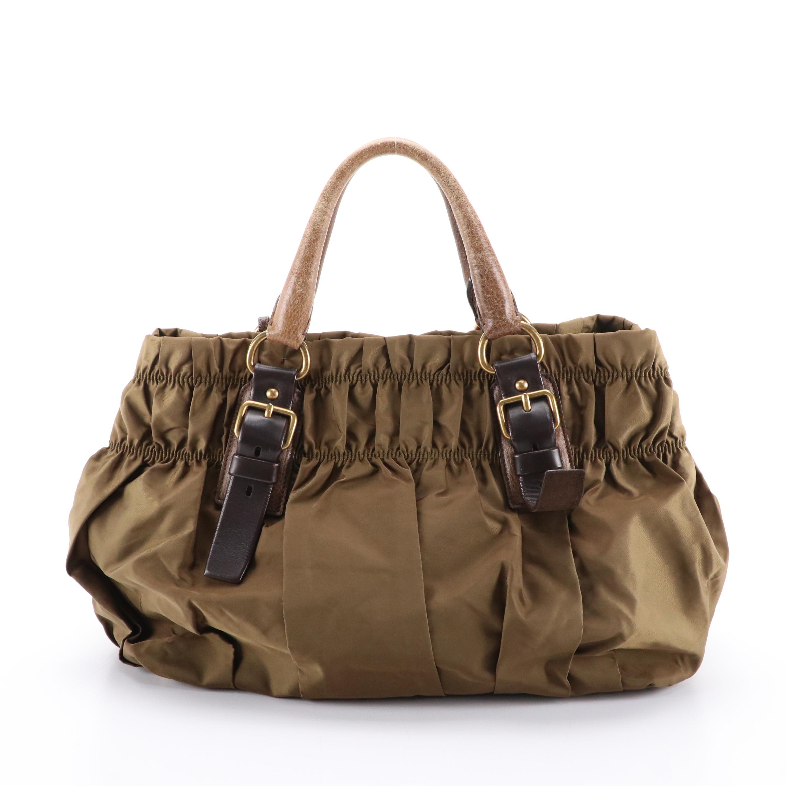 Prada Top-Handle Satchel Tote in Brown Tessuto Gaufré Nylon and Leather Trim