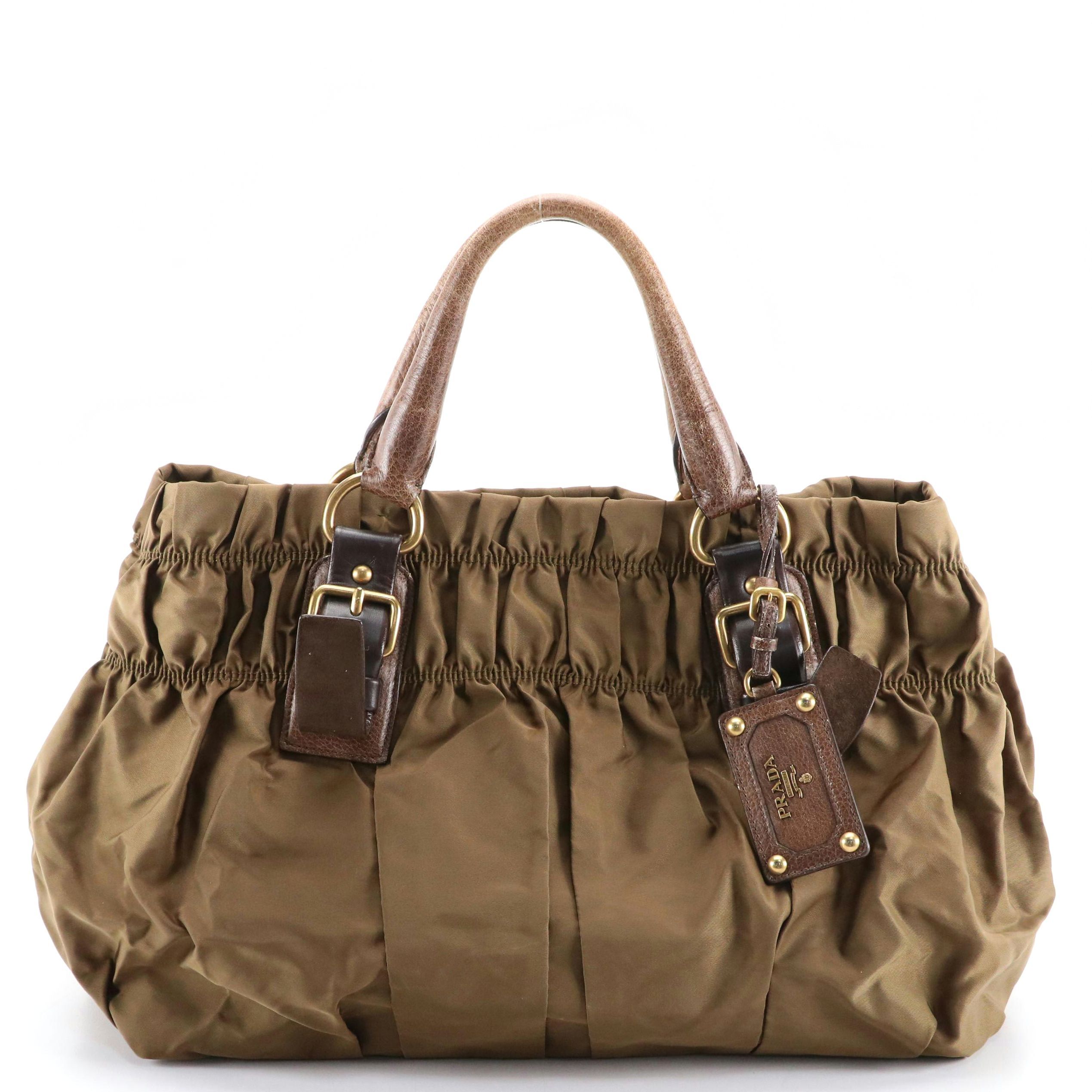 Prada Top-Handle Satchel Tote in Brown Tessuto Gaufré Nylon and Leather Trim