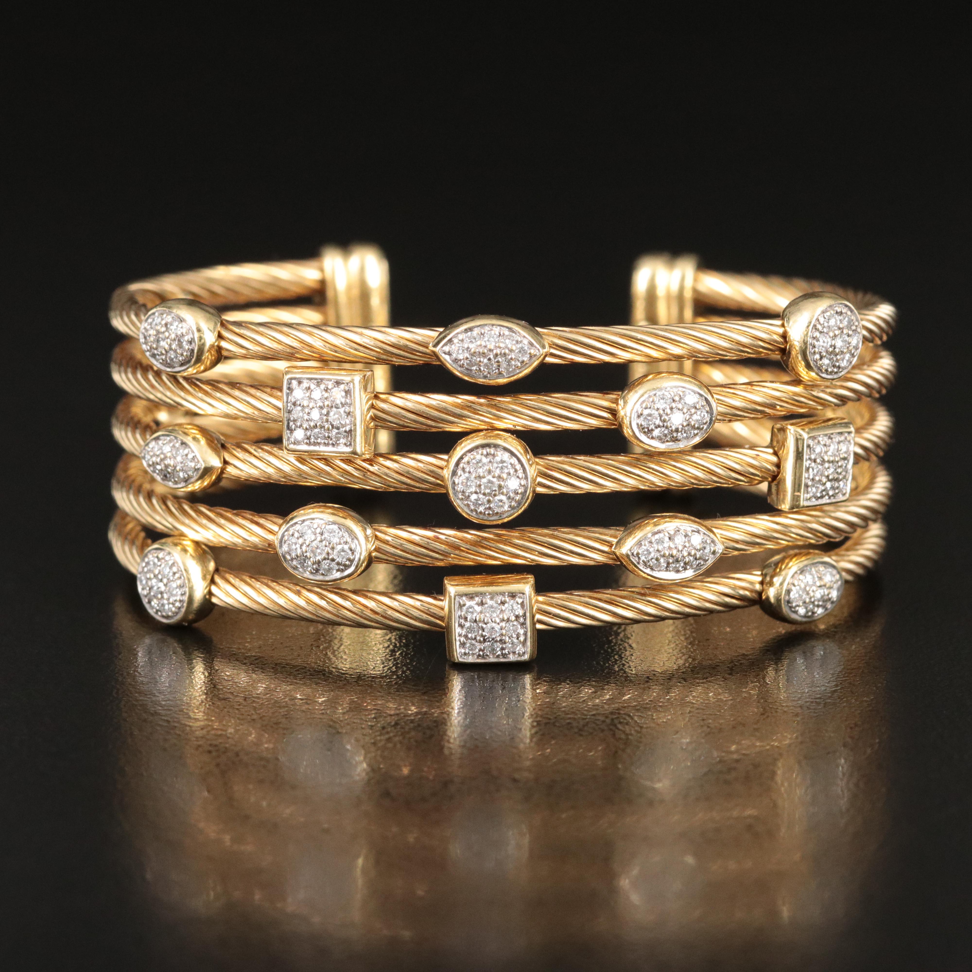 David Yurman Confetti Cable 18K 1.00 CTW Diamond Five Row Cuff Bracelet