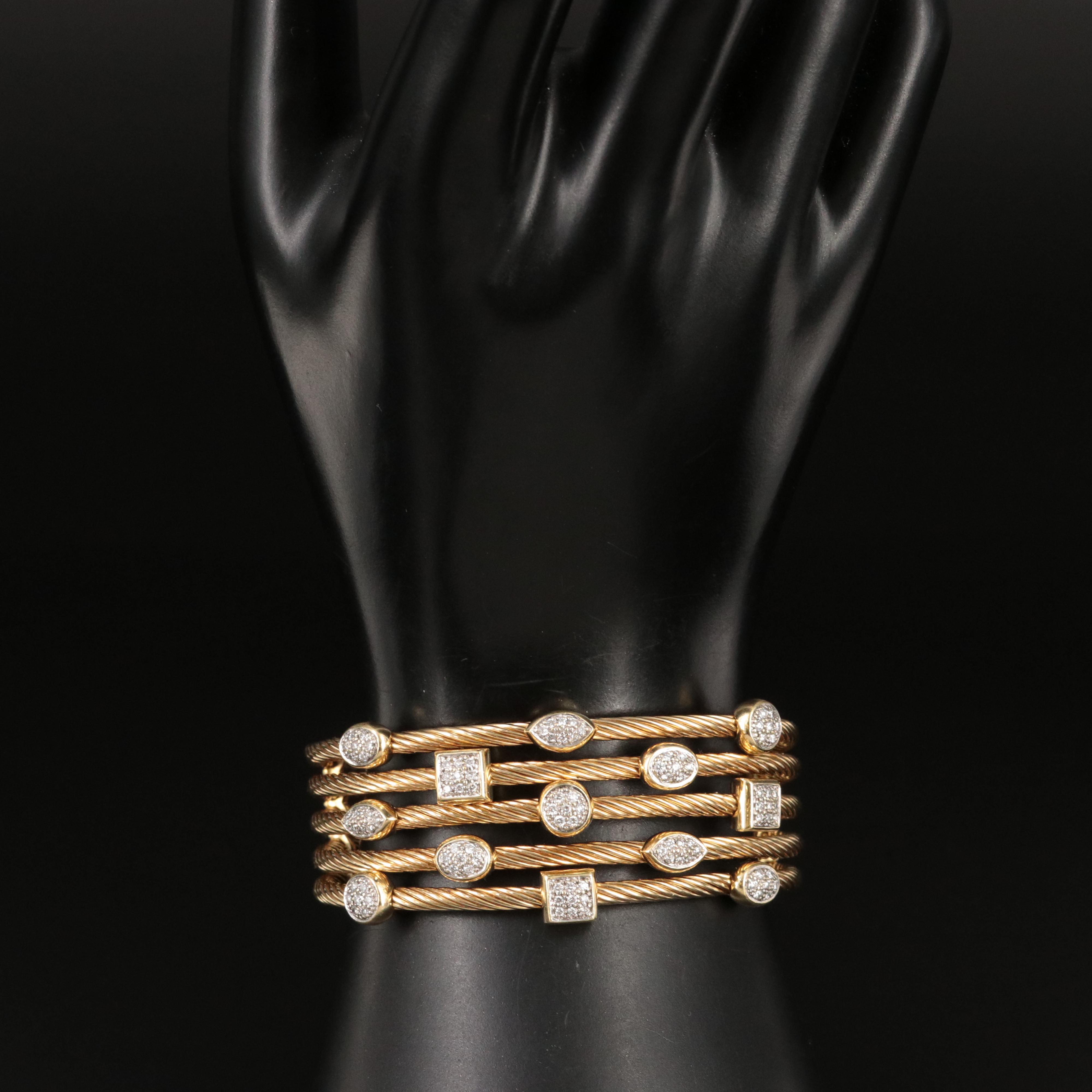 David Yurman Confetti Cable 18K 1.00 CTW Diamond Five Row Cuff Bracelet