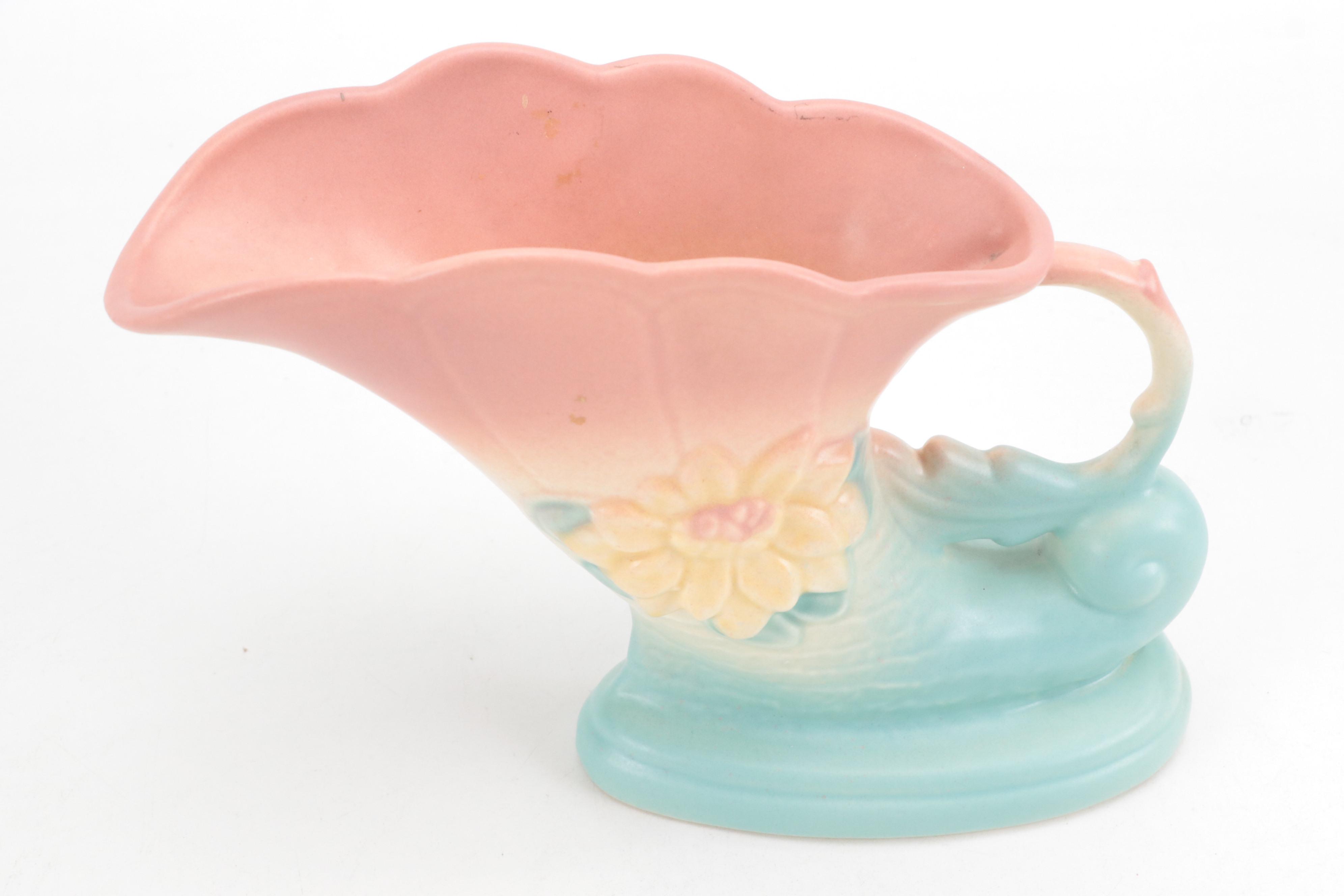 Hull Art Pottery "Water Lily Pink Turquoise" Ceramic Cornucopia Vase, 1948–1949