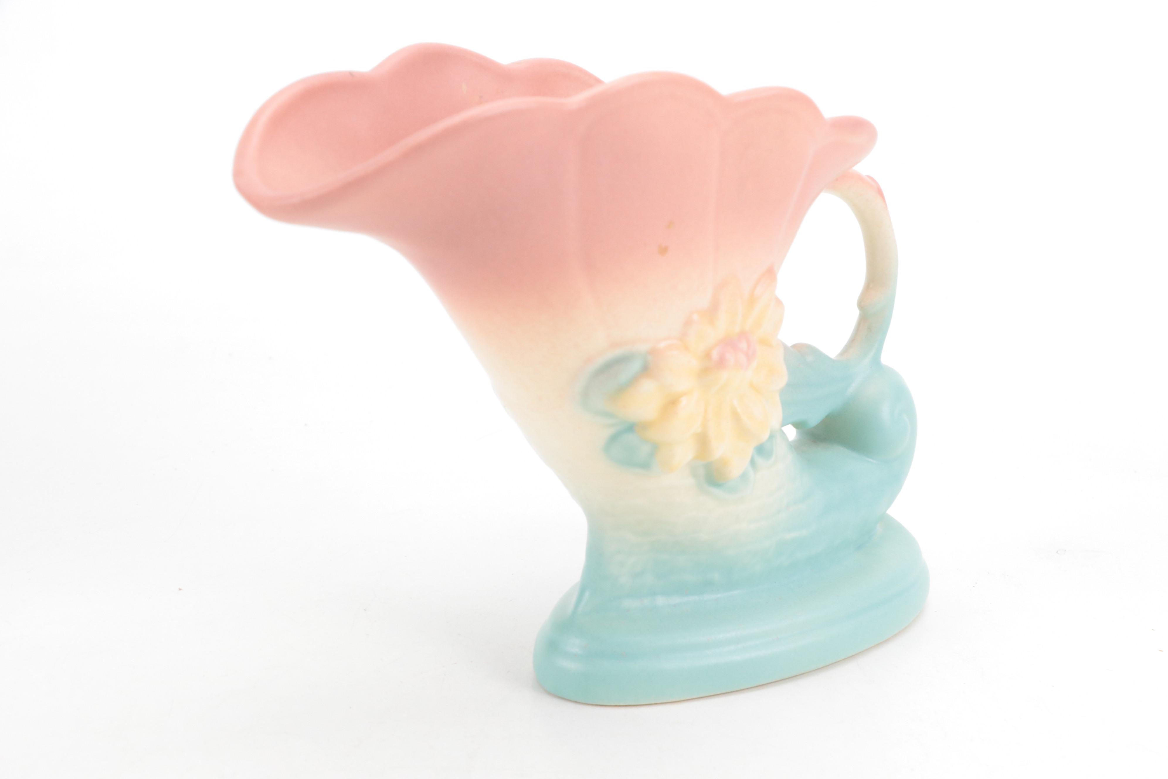 Hull Art Pottery "Water Lily Pink Turquoise" Ceramic Cornucopia Vase, 1948–1949