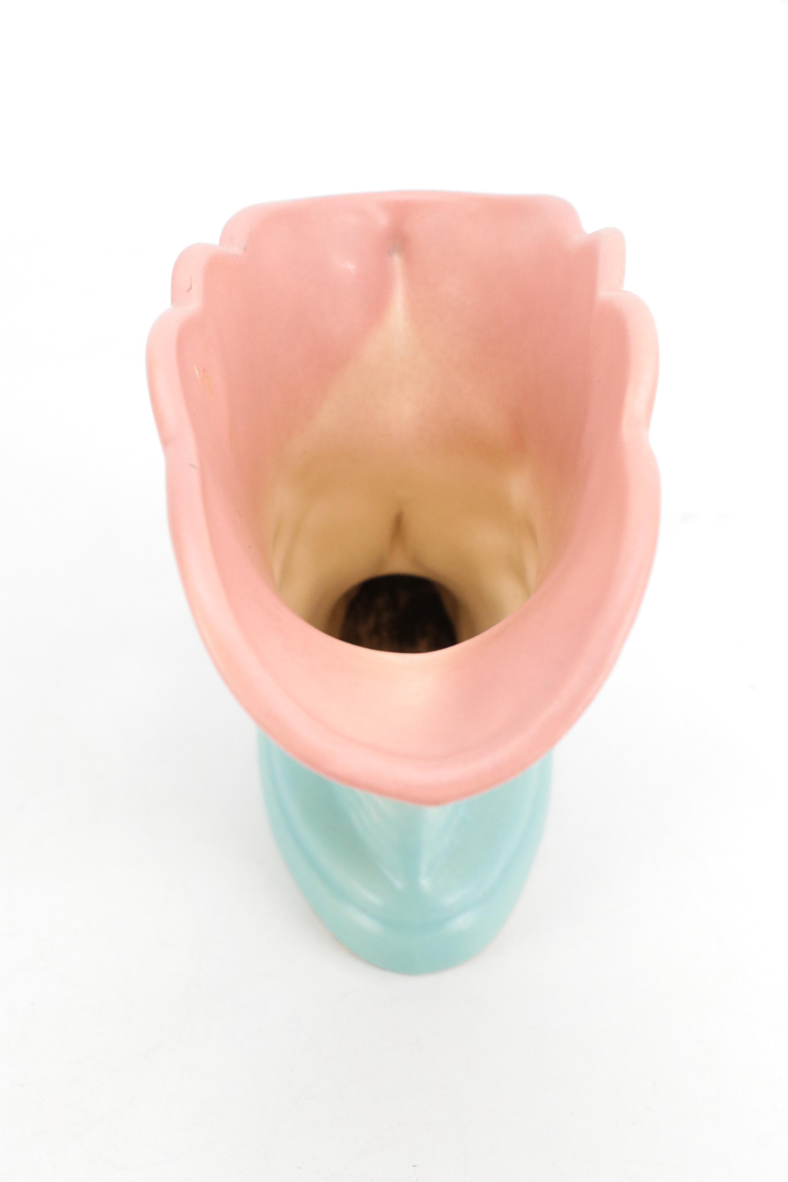 Hull Art Pottery "Water Lily Pink Turquoise" Ceramic Cornucopia Vase, 1948–1949