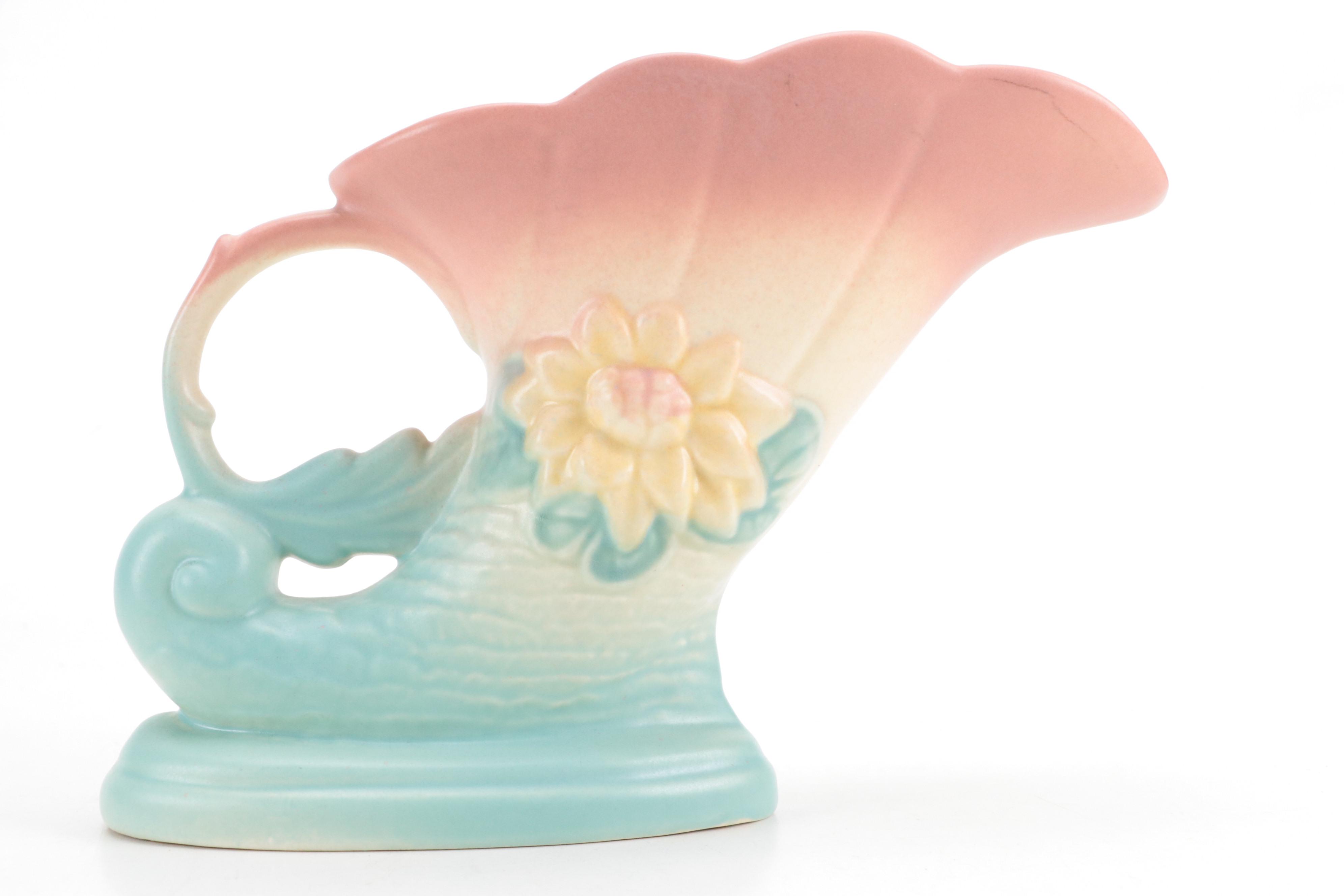 Hull Art Pottery "Water Lily Pink Turquoise" Ceramic Cornucopia Vase, 1948–1949
