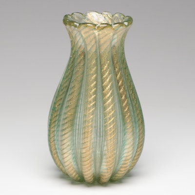 Barovier & Toso Handblown Green Cordonato d'Oro Murano Art Glass Vase