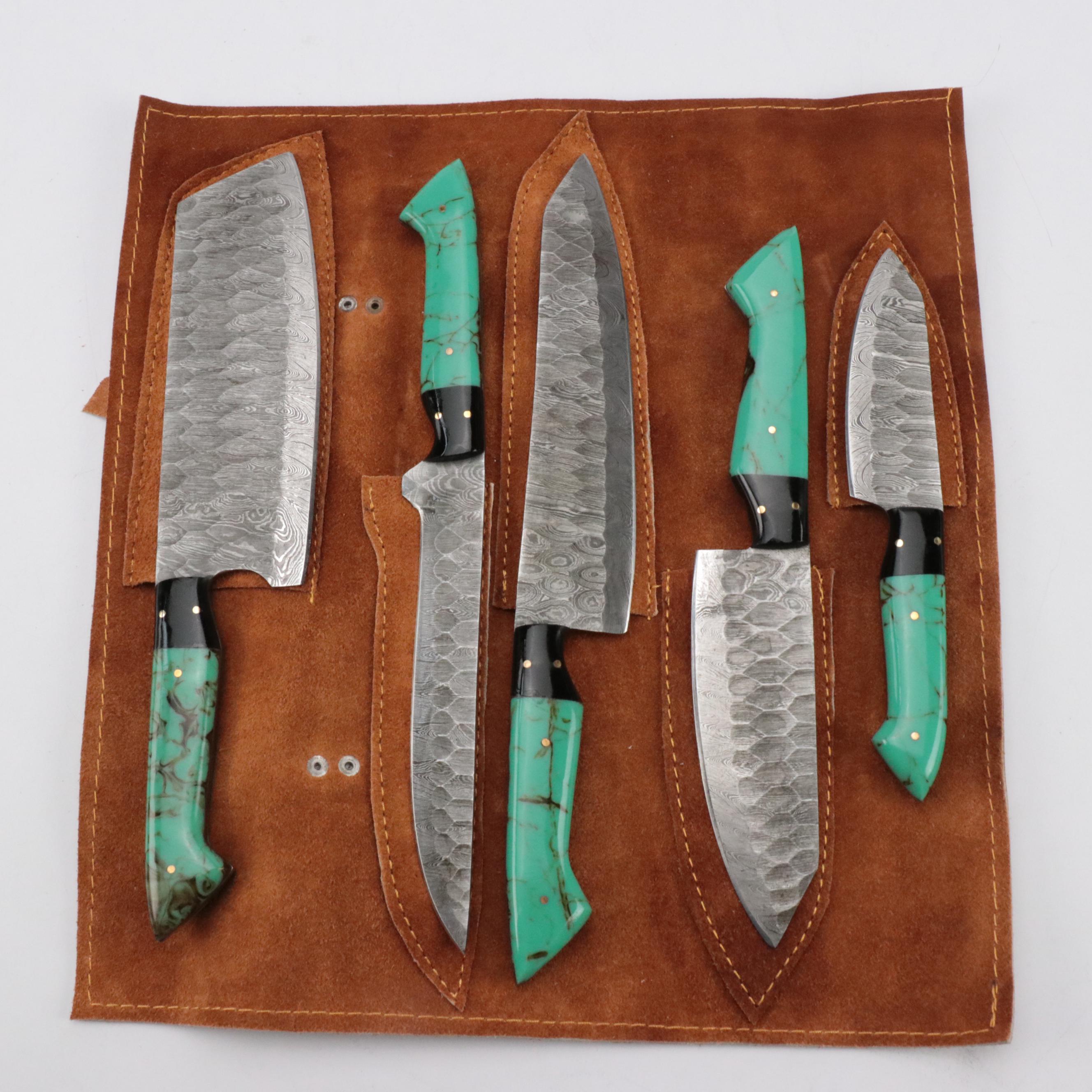 Damascus Steel Bladed Kitchen Knife Set with Resin Handles
