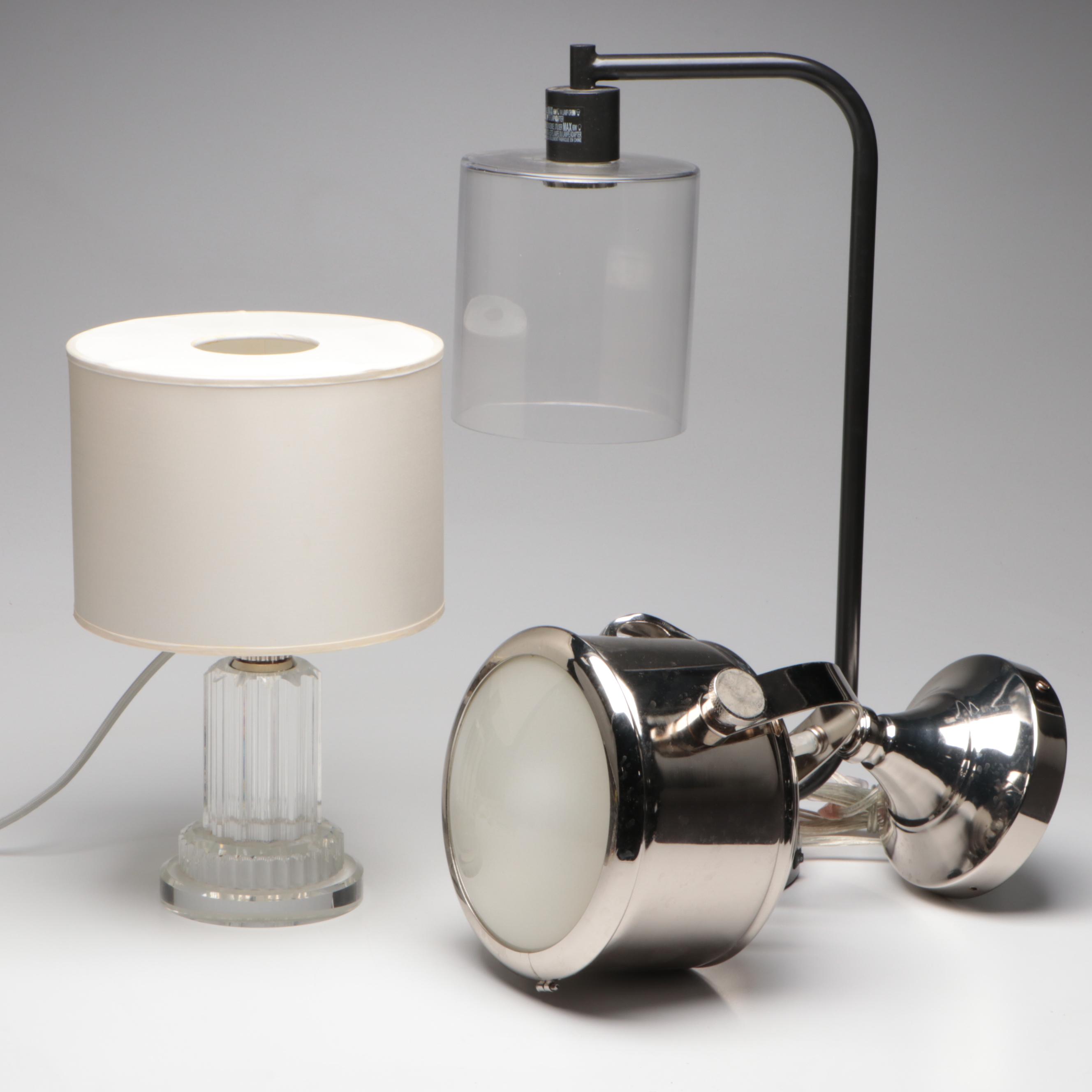 Ralph Lauren Glass Table Lamp, West Elm Jar Desk Lamp, Maxim Small Spotlight