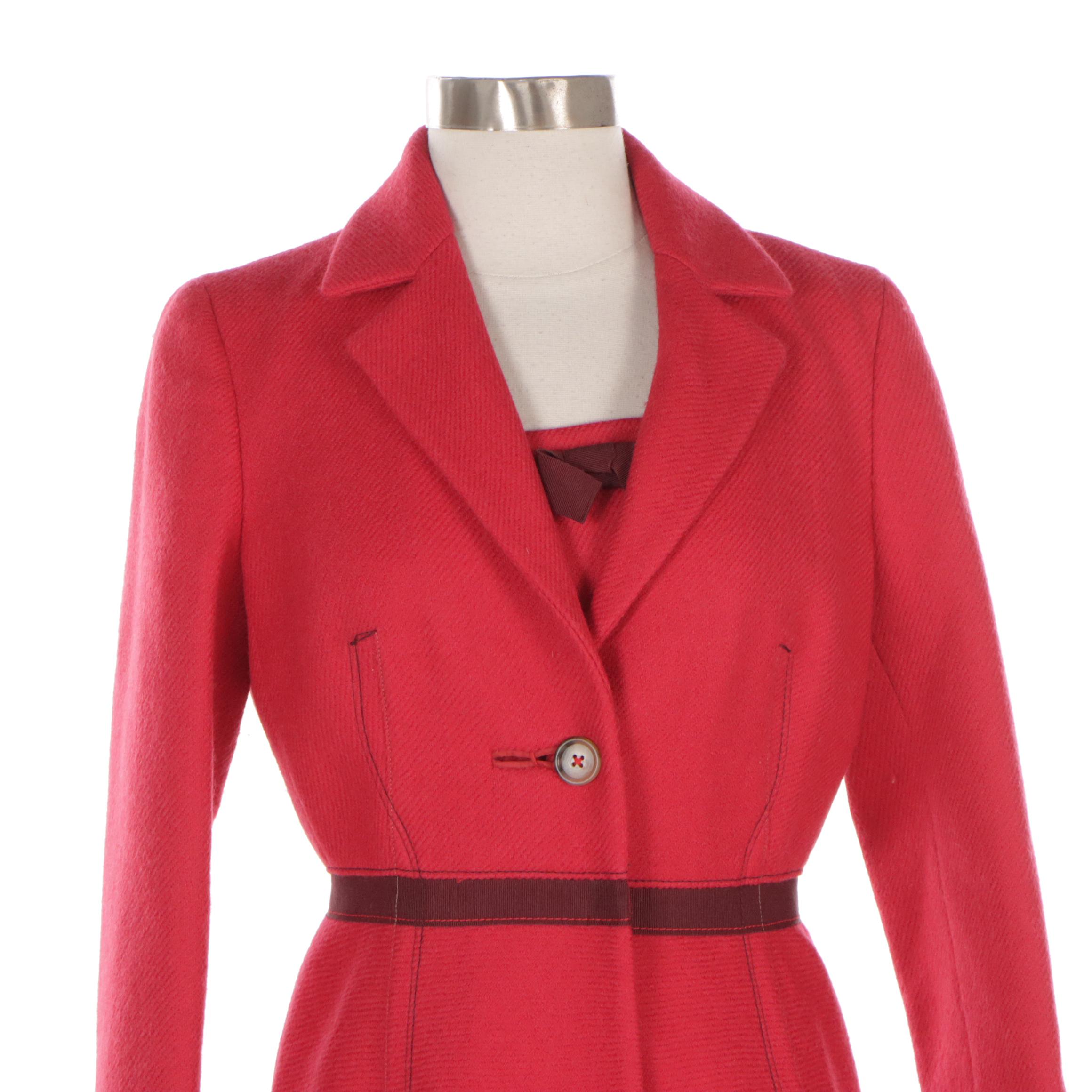 Prada Red Wool Sleeveless Dress and Matching Coat with Grosgrain Trim