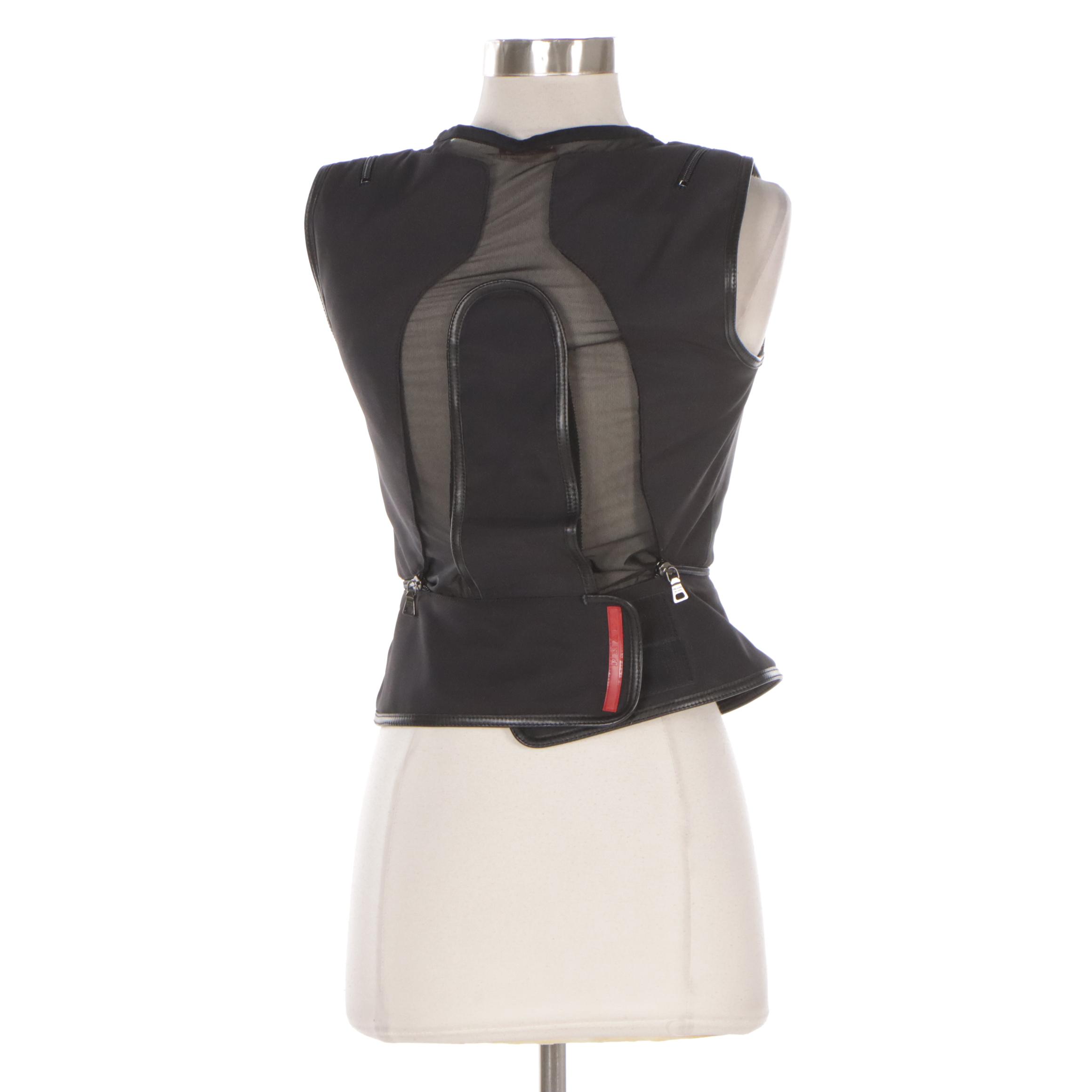 Prada Black Sleeveless Vest in Nylon Blend with Leather Trim and Zipper Detail