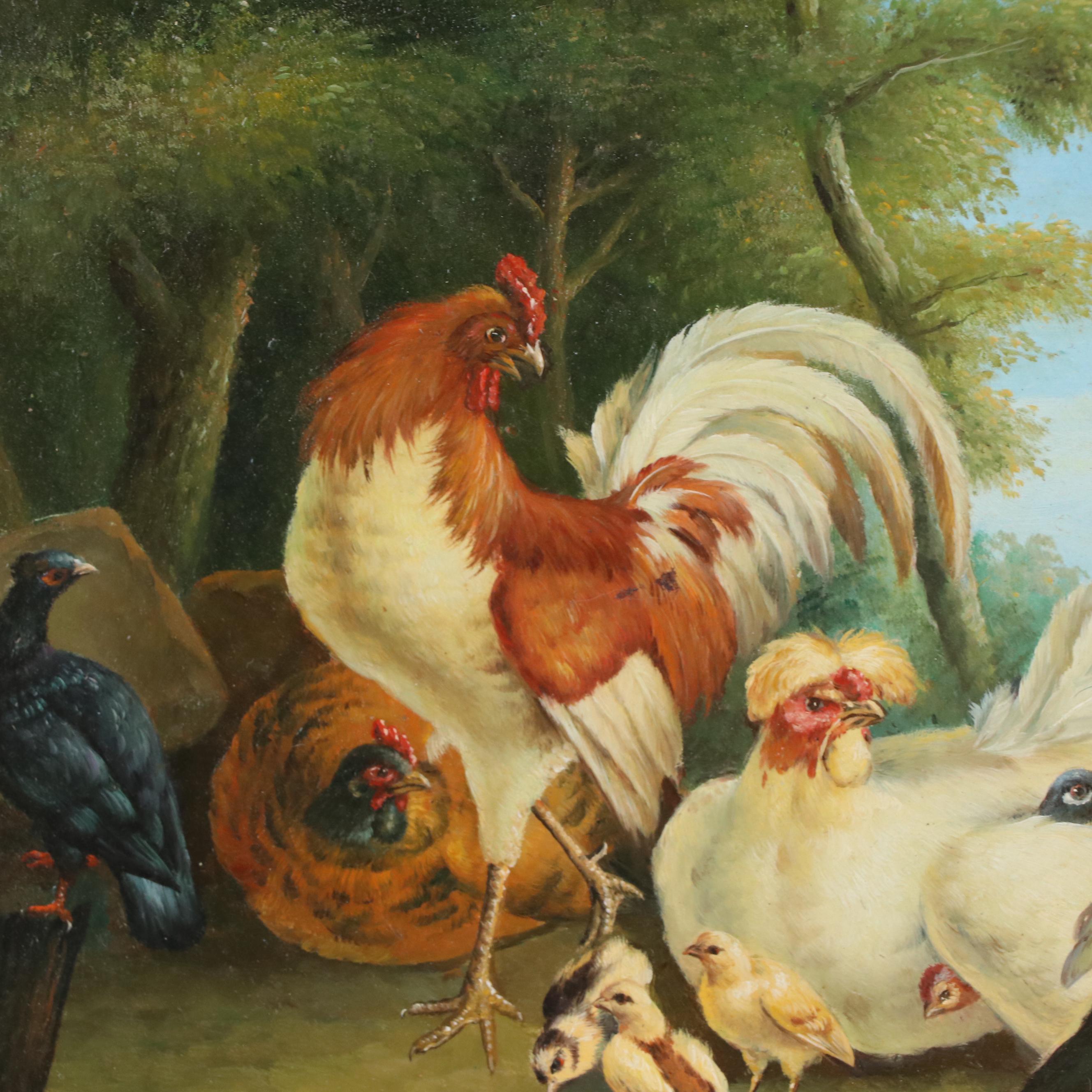 Pastoral Oil Painting of Rooster With Chickens and Duck