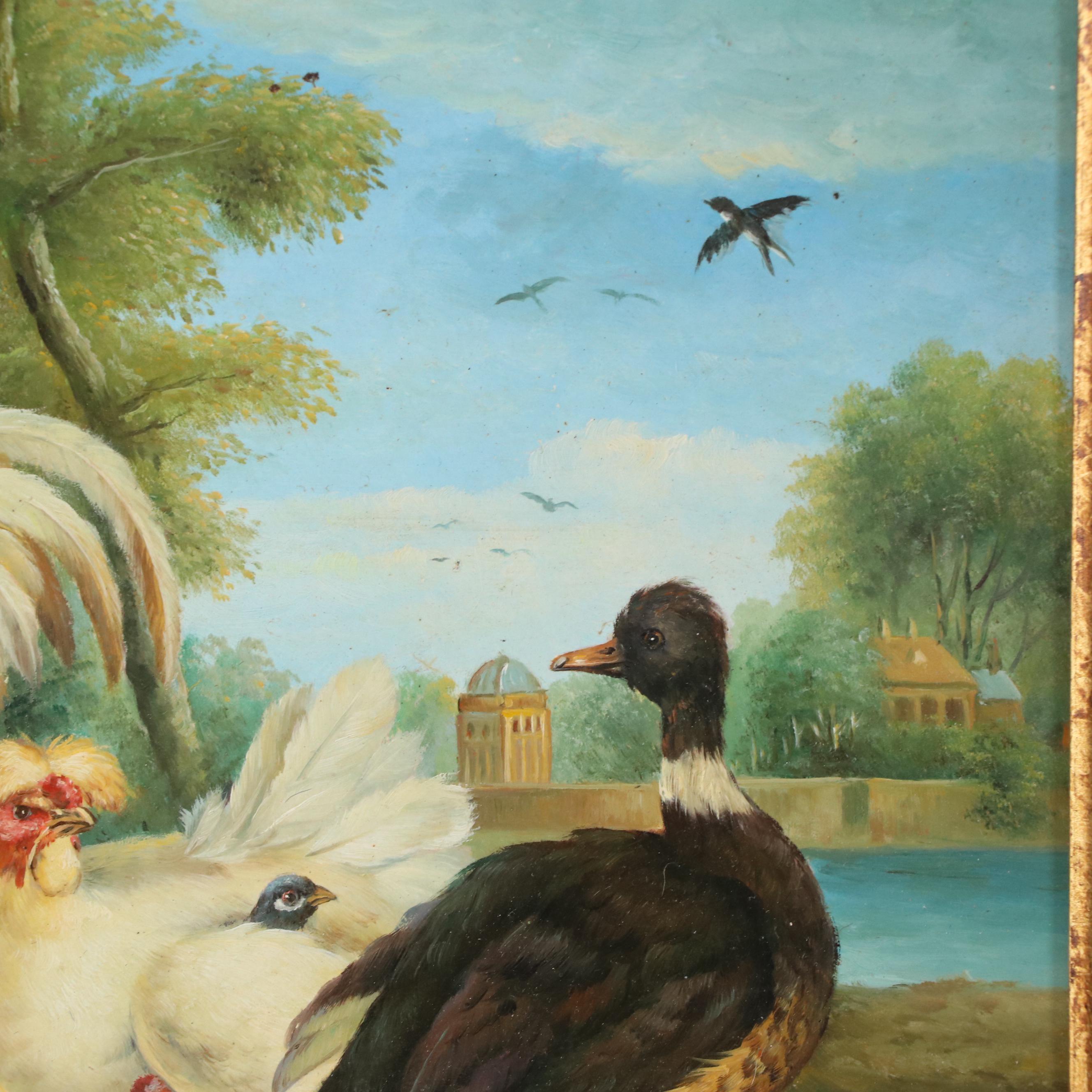 Pastoral Oil Painting of Rooster With Chickens and Duck