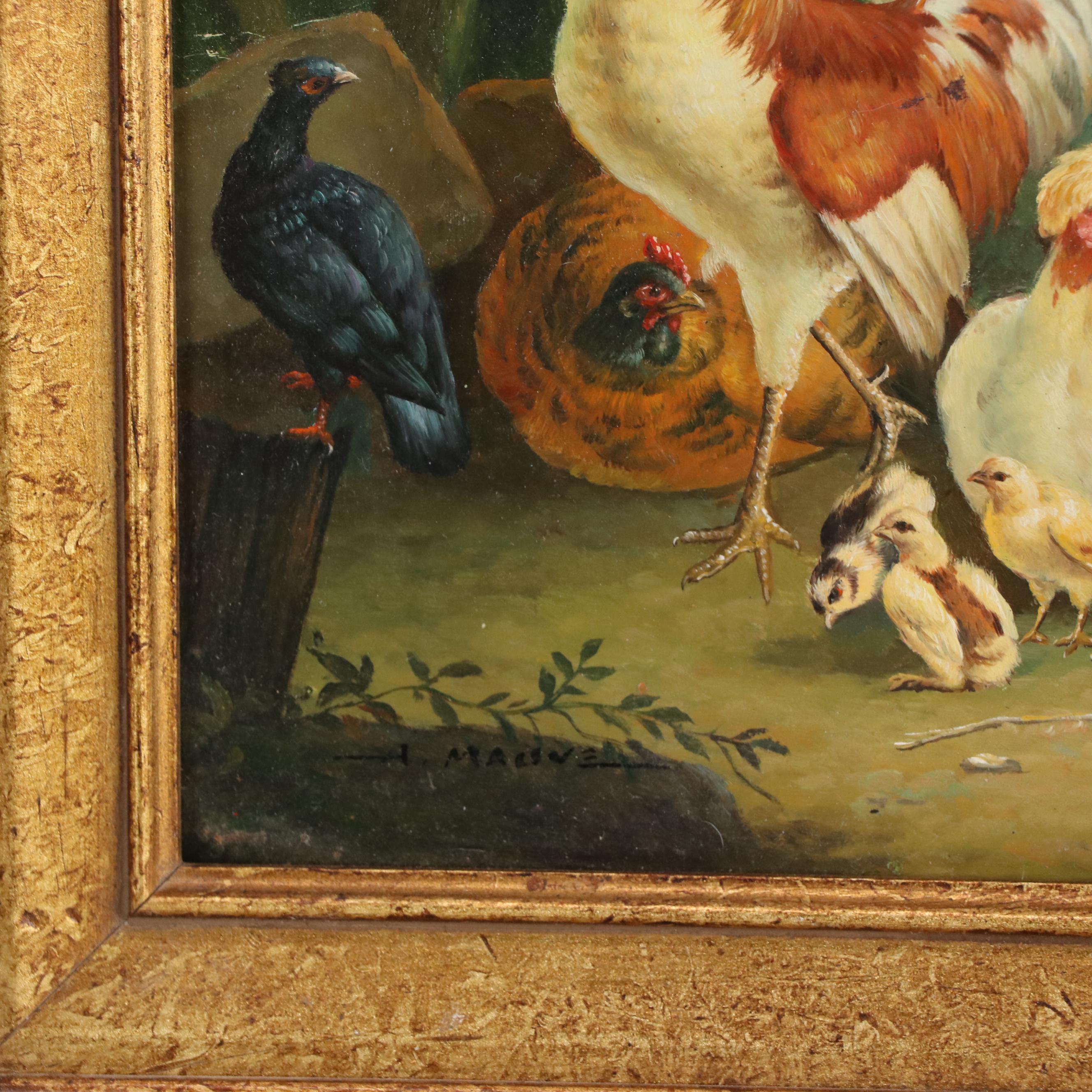 Pastoral Oil Painting of Rooster With Chickens and Duck