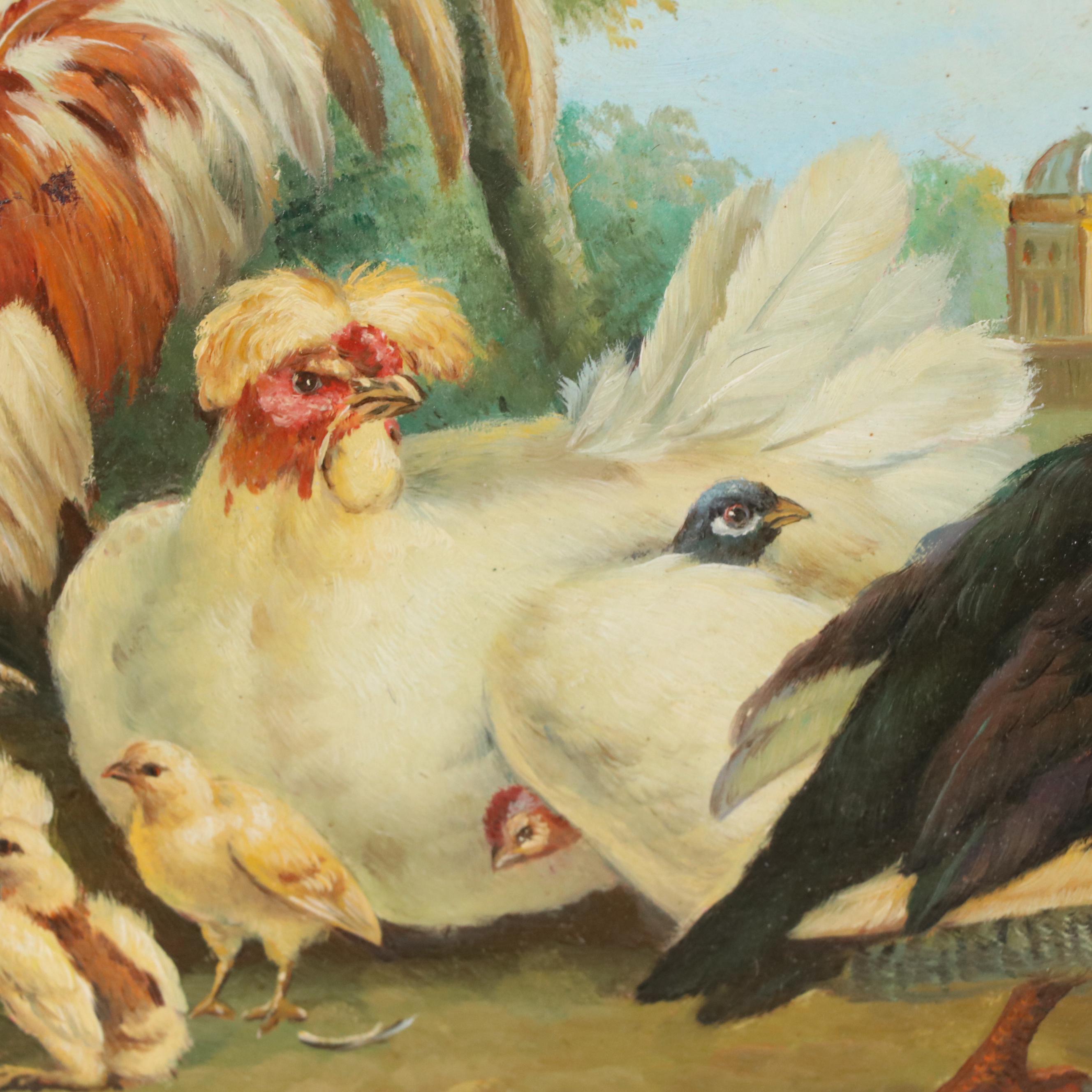Pastoral Oil Painting of Rooster With Chickens and Duck
