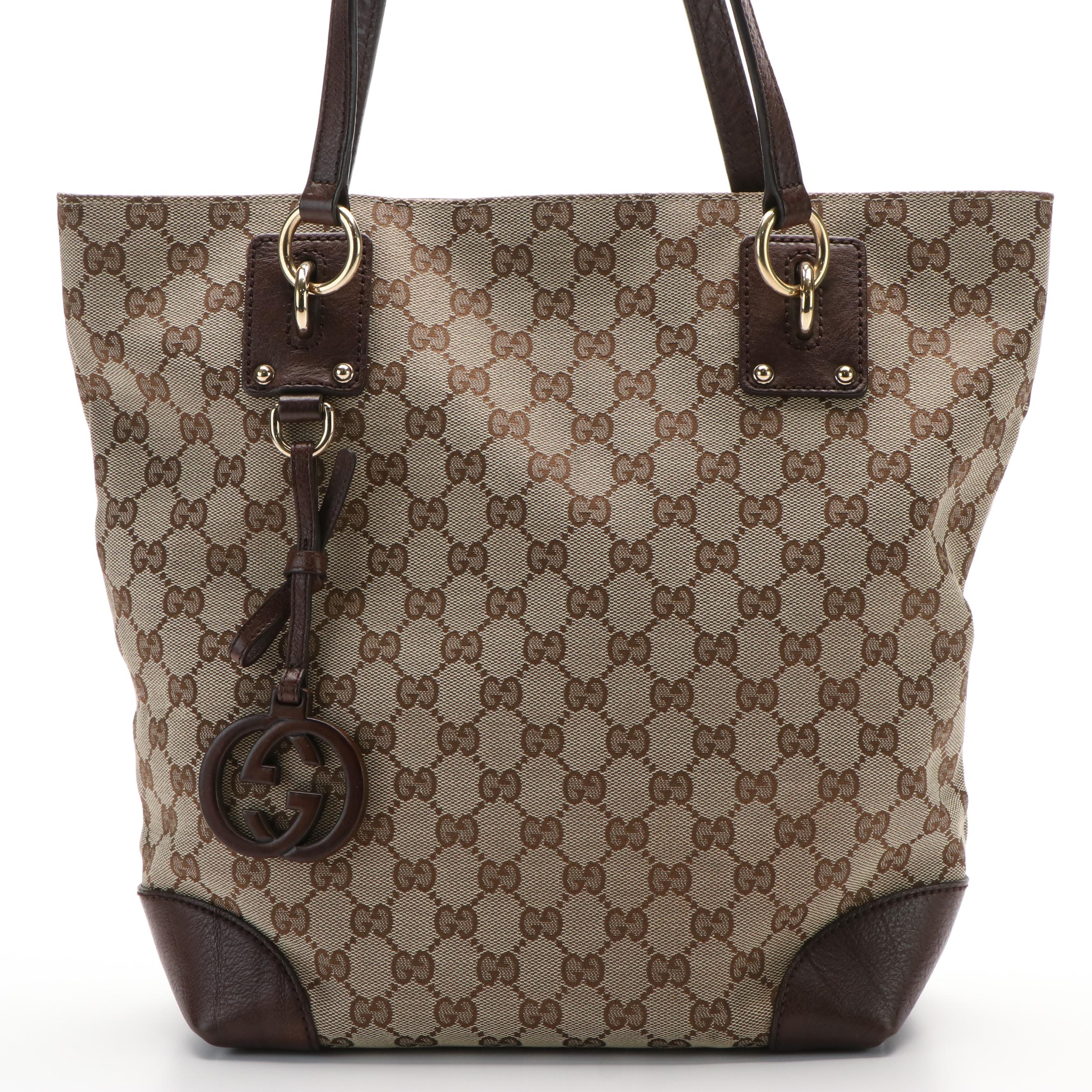 Gucci Charm Tote Bag in GG Canvas and Brown Leather