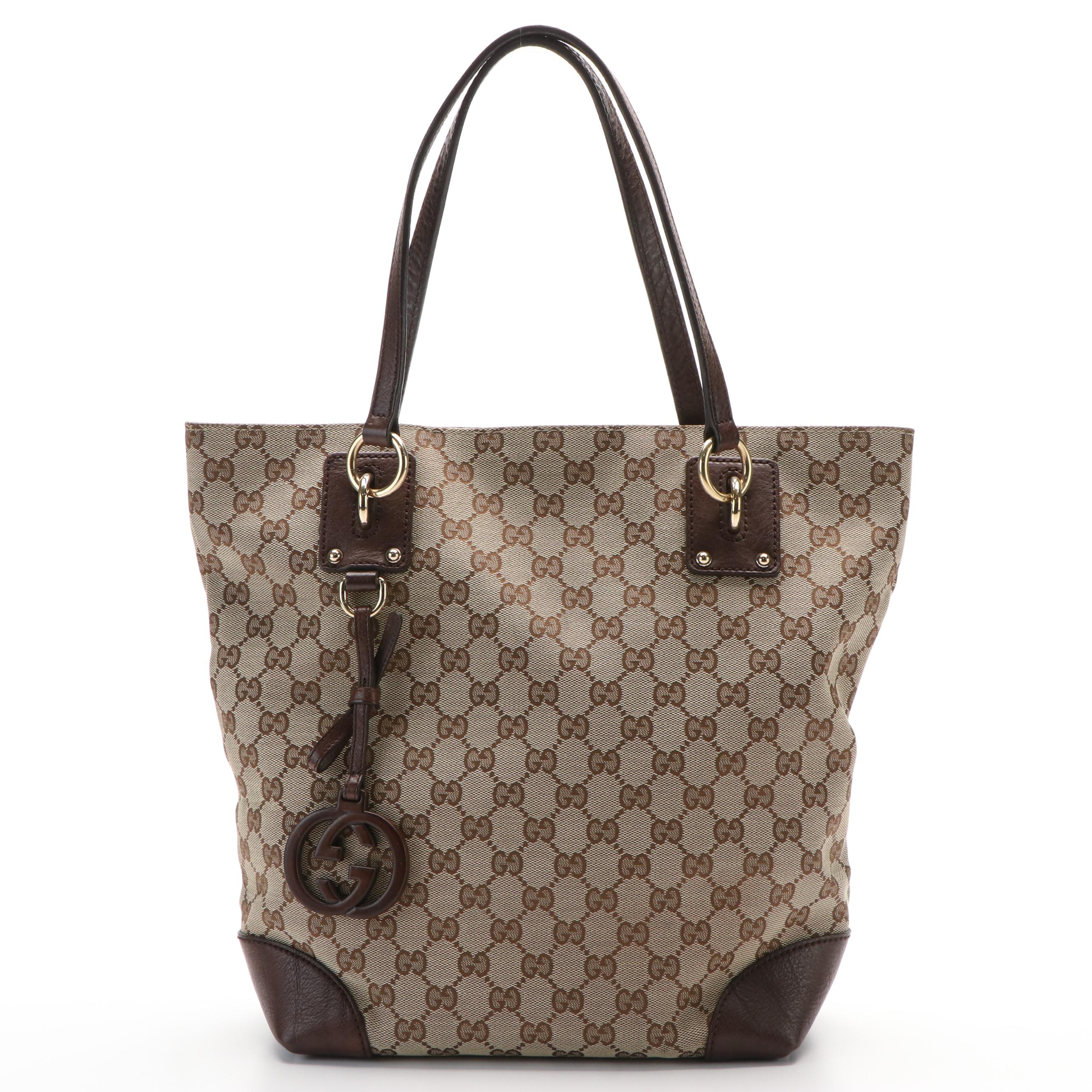 Gucci Charm Tote Bag in GG Canvas and Brown Leather
