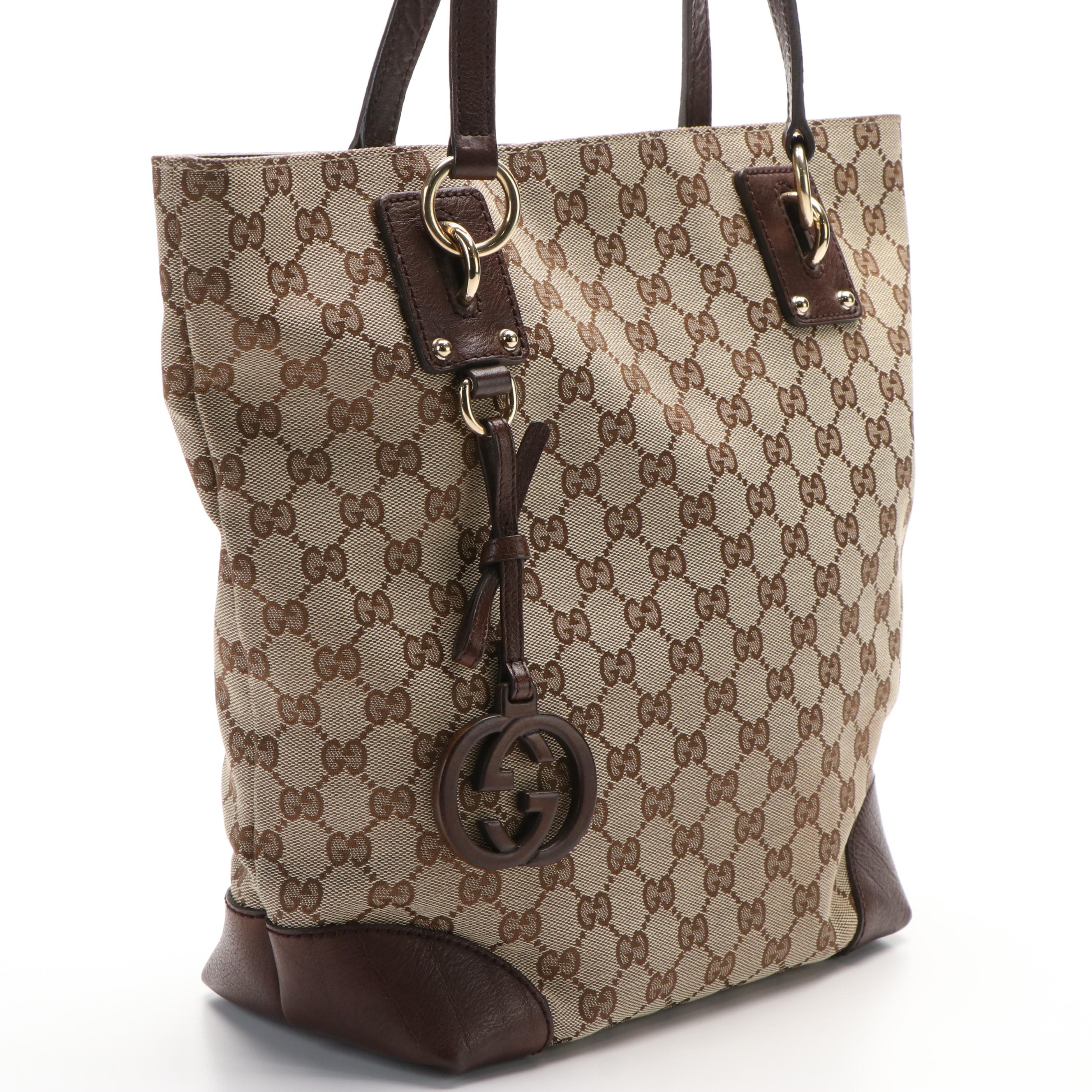 Gucci Charm Tote Bag in GG Canvas and Brown Leather