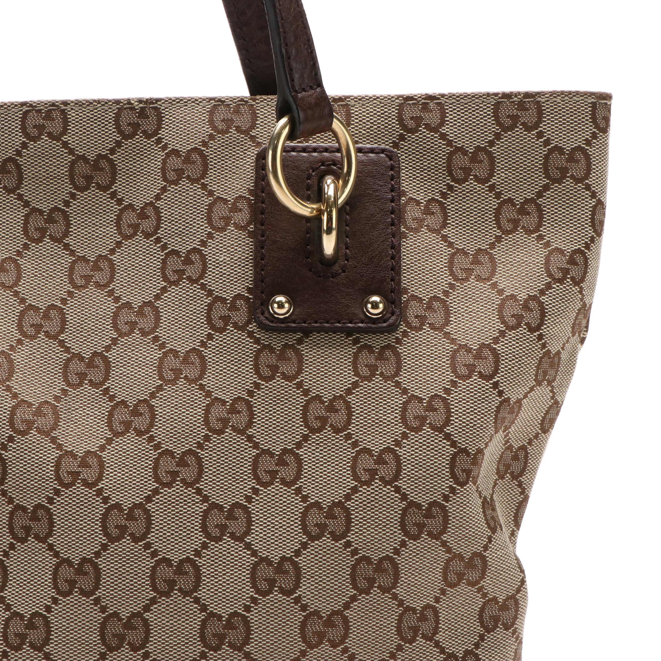 Gucci Charm Tote Bag in GG Canvas and Brown Leather