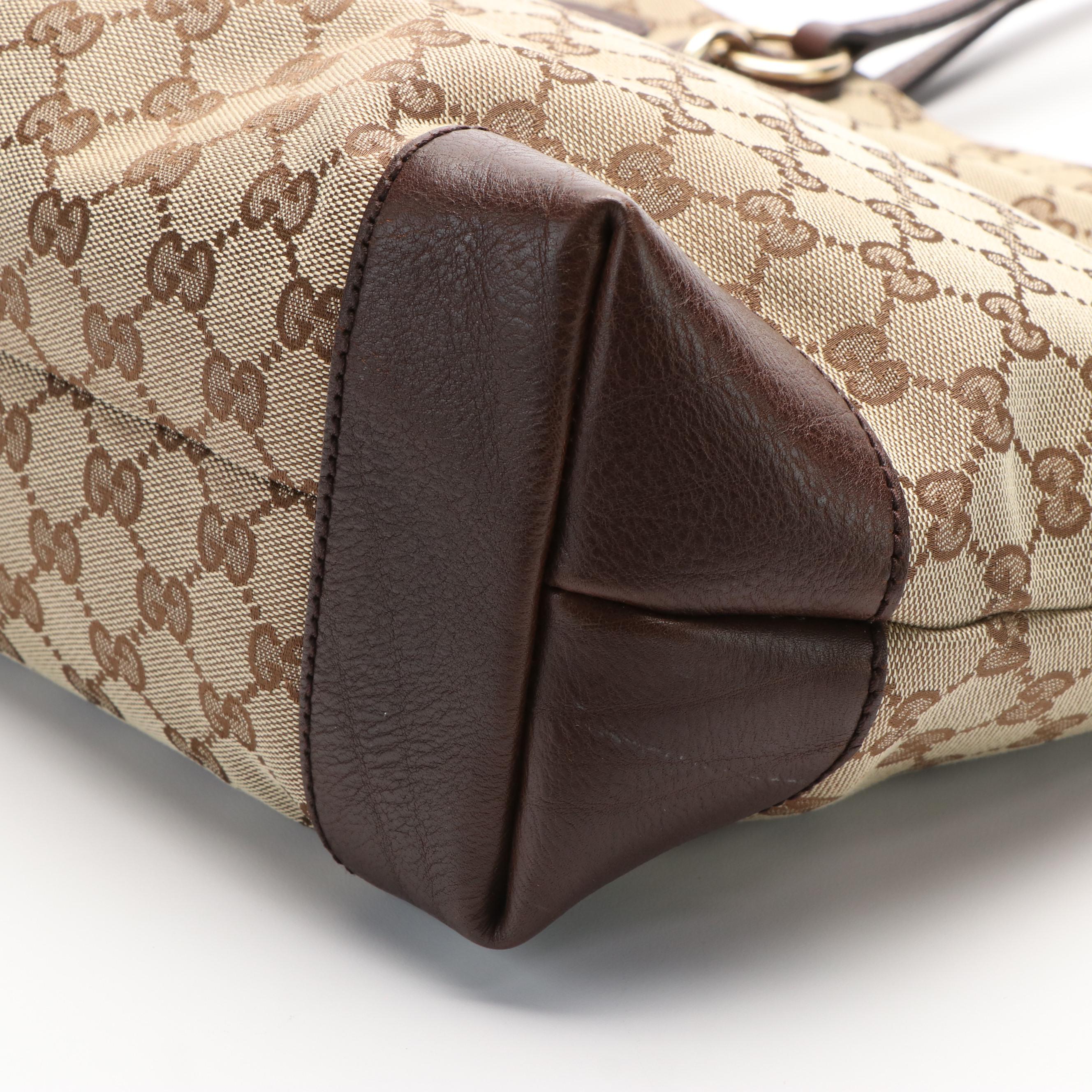 Gucci Charm Tote Bag in GG Canvas and Brown Leather