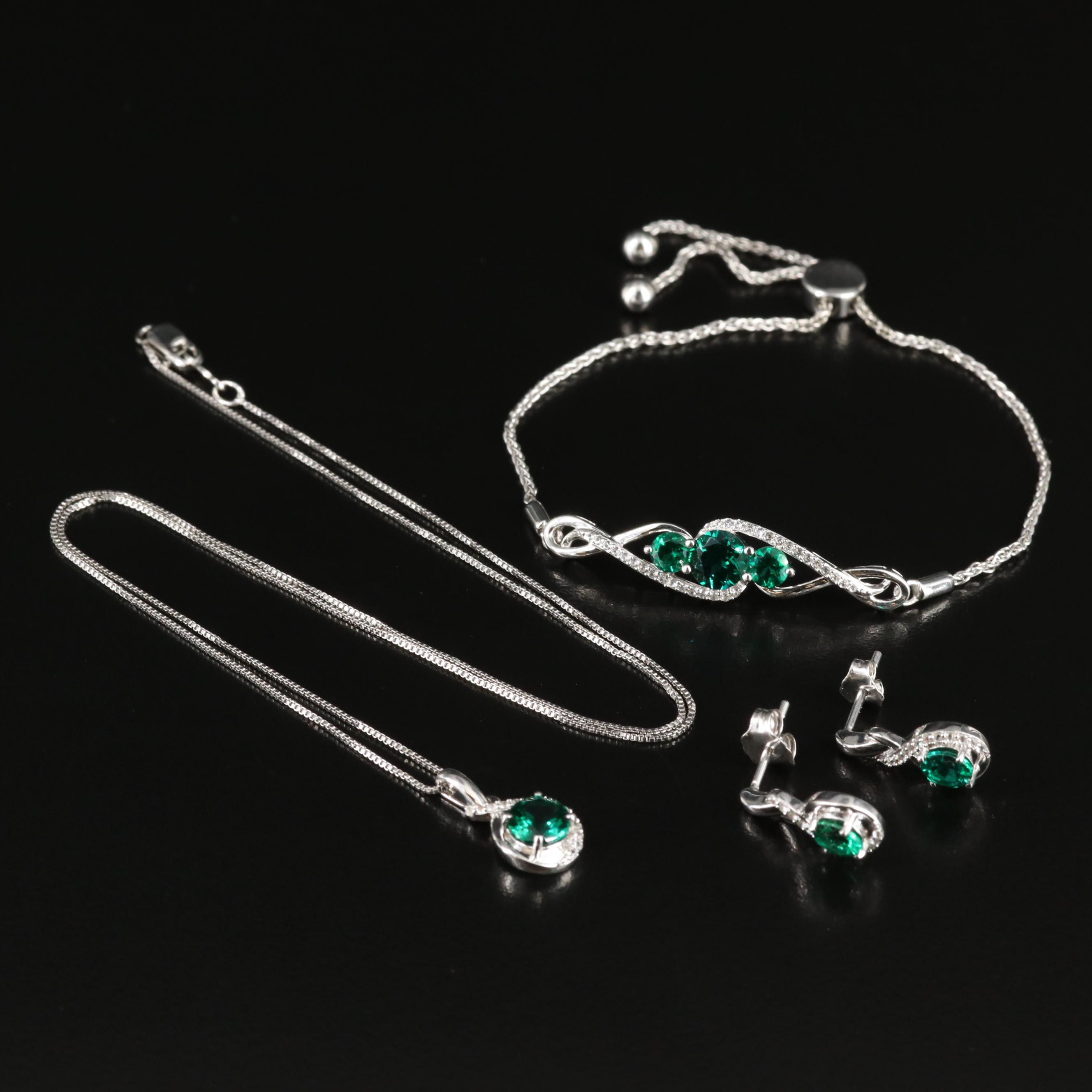 Sterling Emerald and White Sapphire Necklace, Bracelet and Earrings Set