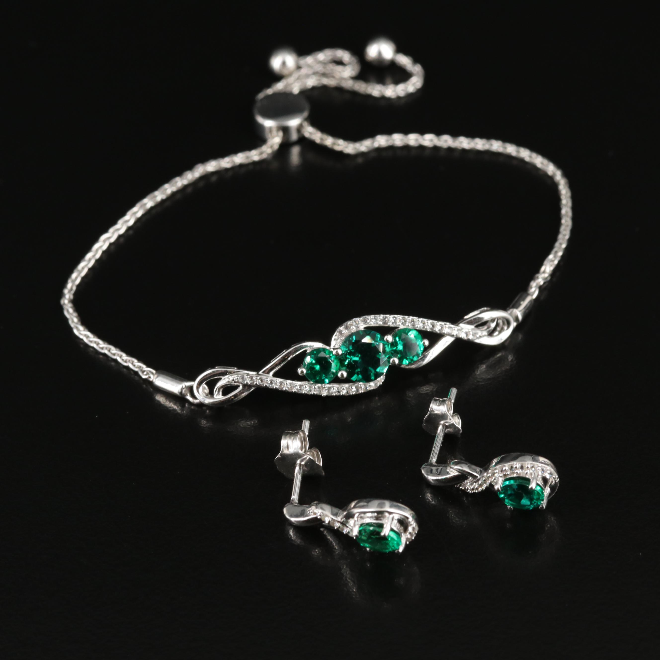 Sterling Emerald and White Sapphire Necklace, Bracelet and Earrings Set