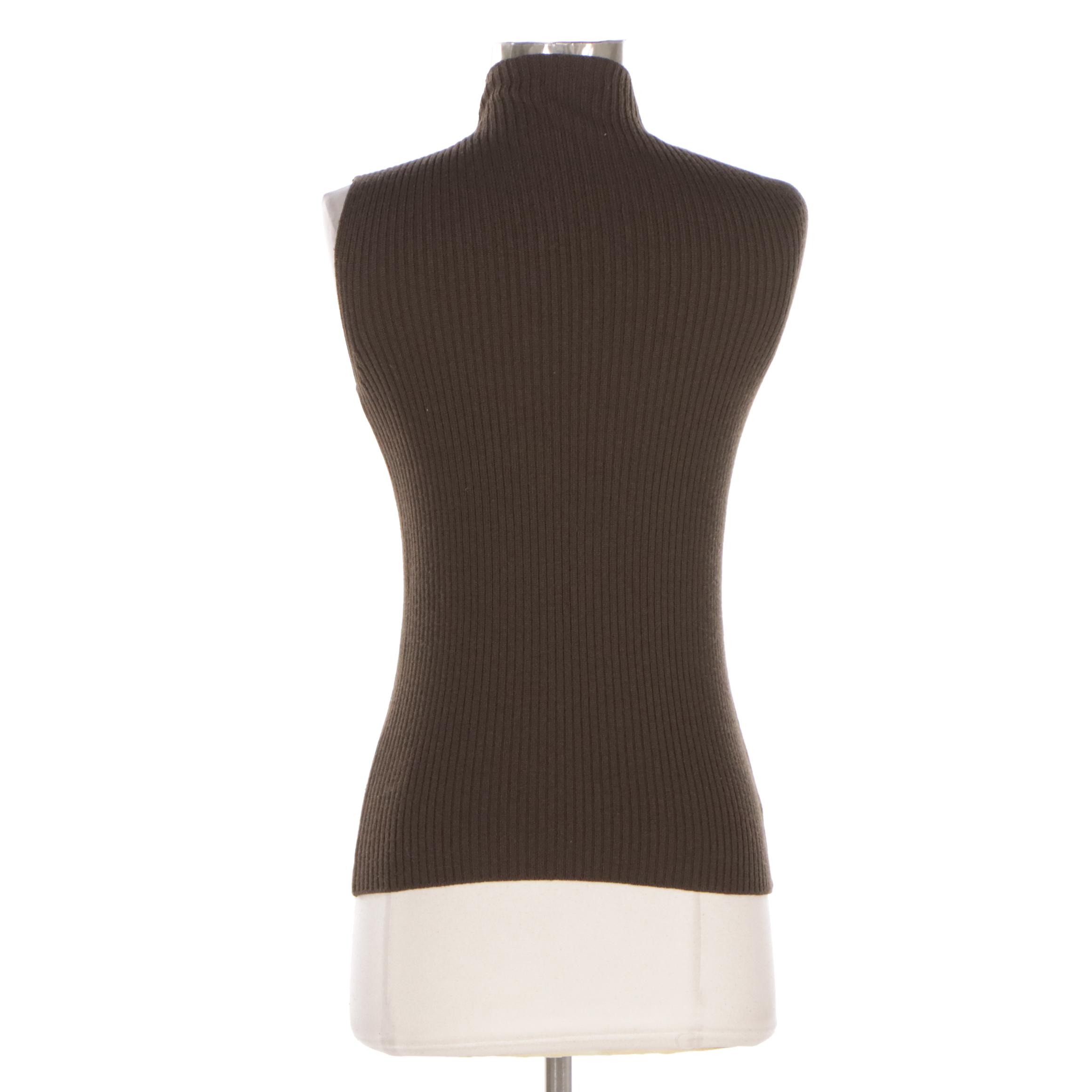 Prada Brown Wool Knit Mock Turtleneck Sleeveless Top