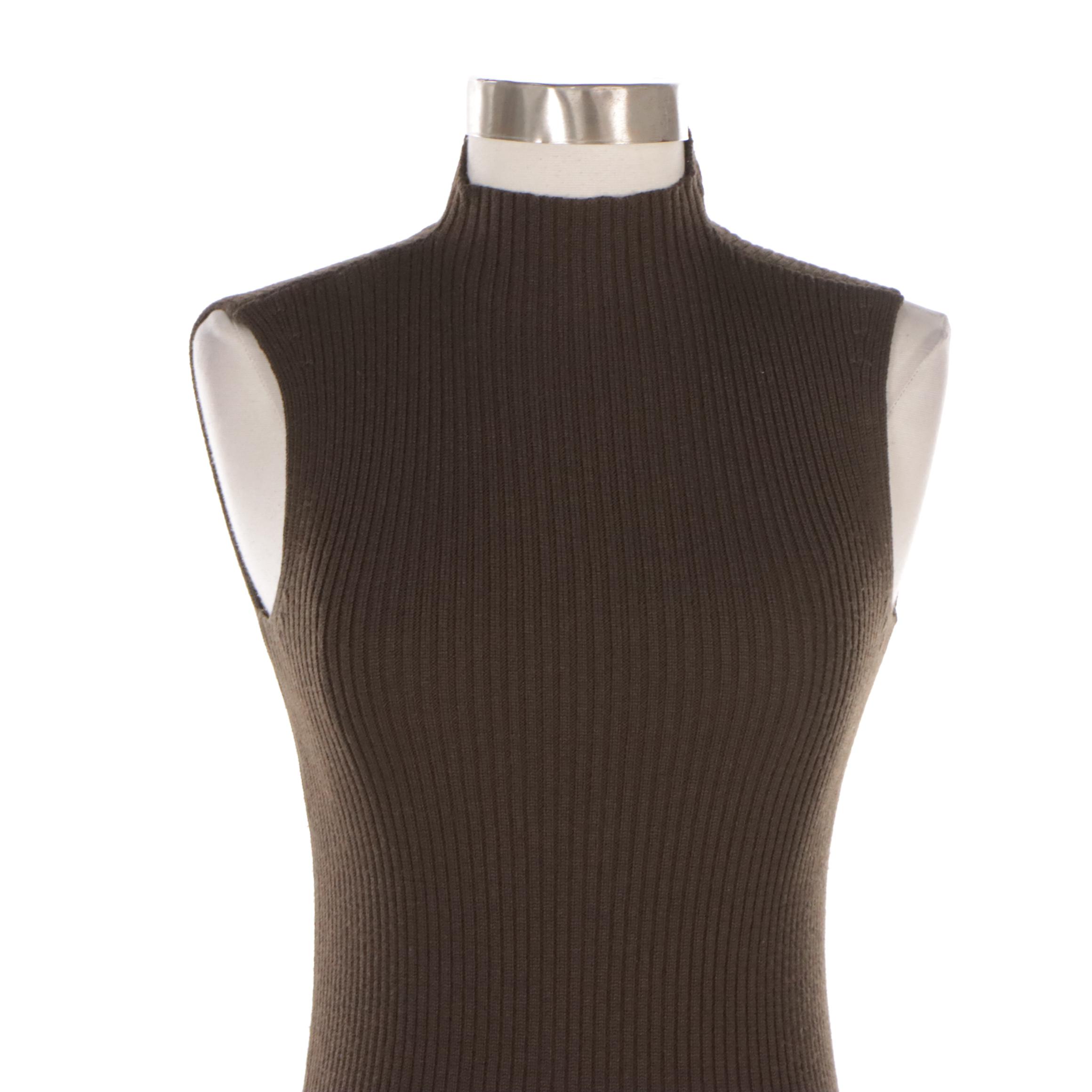 Prada Brown Wool Knit Mock Turtleneck Sleeveless Top