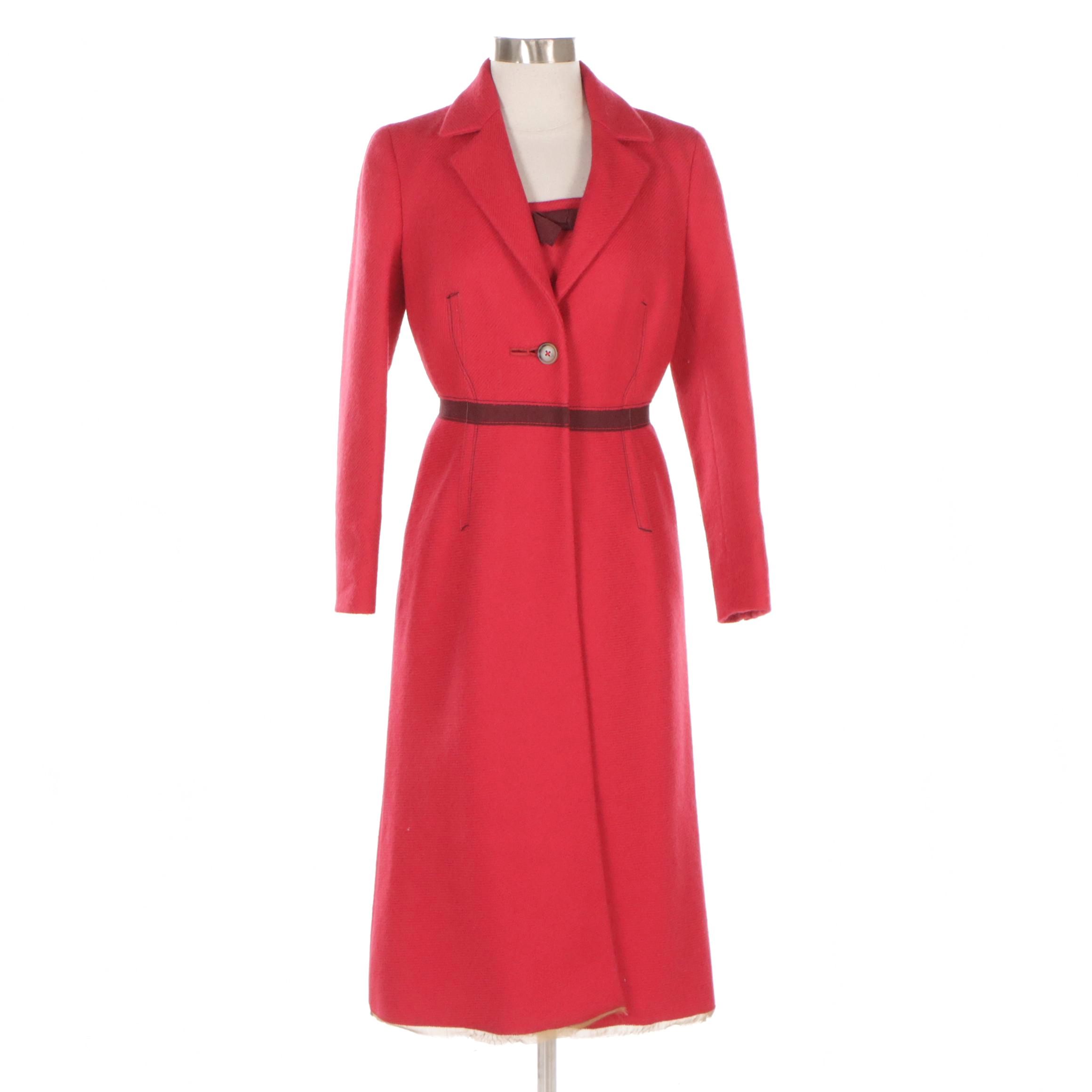 Prada Red Wool Sleeveless Dress and Matching Coat with Grosgrain Trim