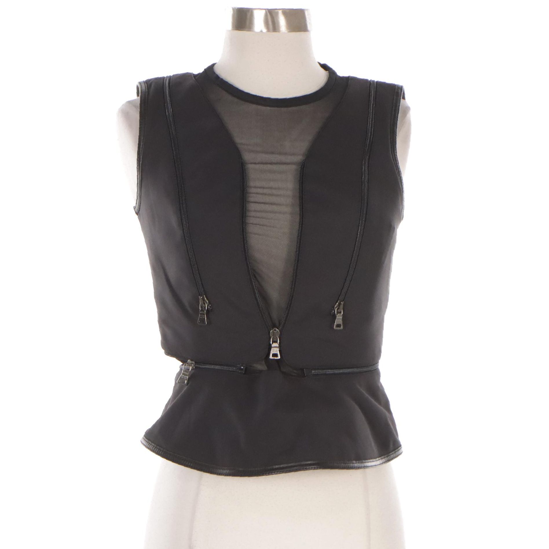 Prada Black Sleeveless Vest in Nylon Blend with Leather Trim and Zipper Detail