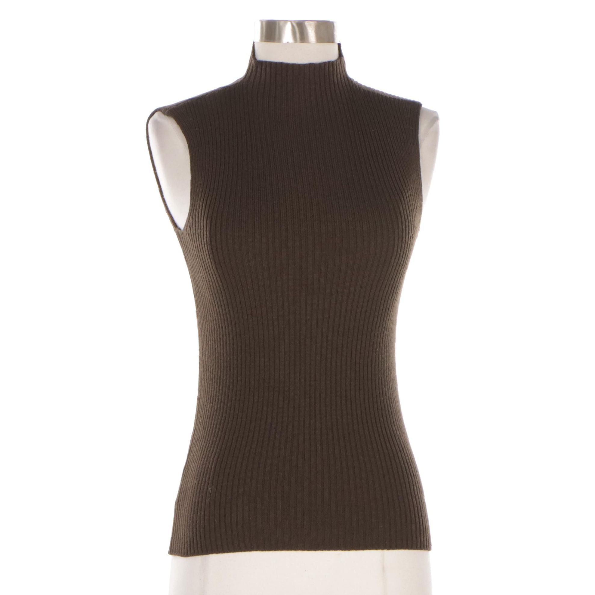 Prada Brown Wool Knit Mock Turtleneck Sleeveless Top