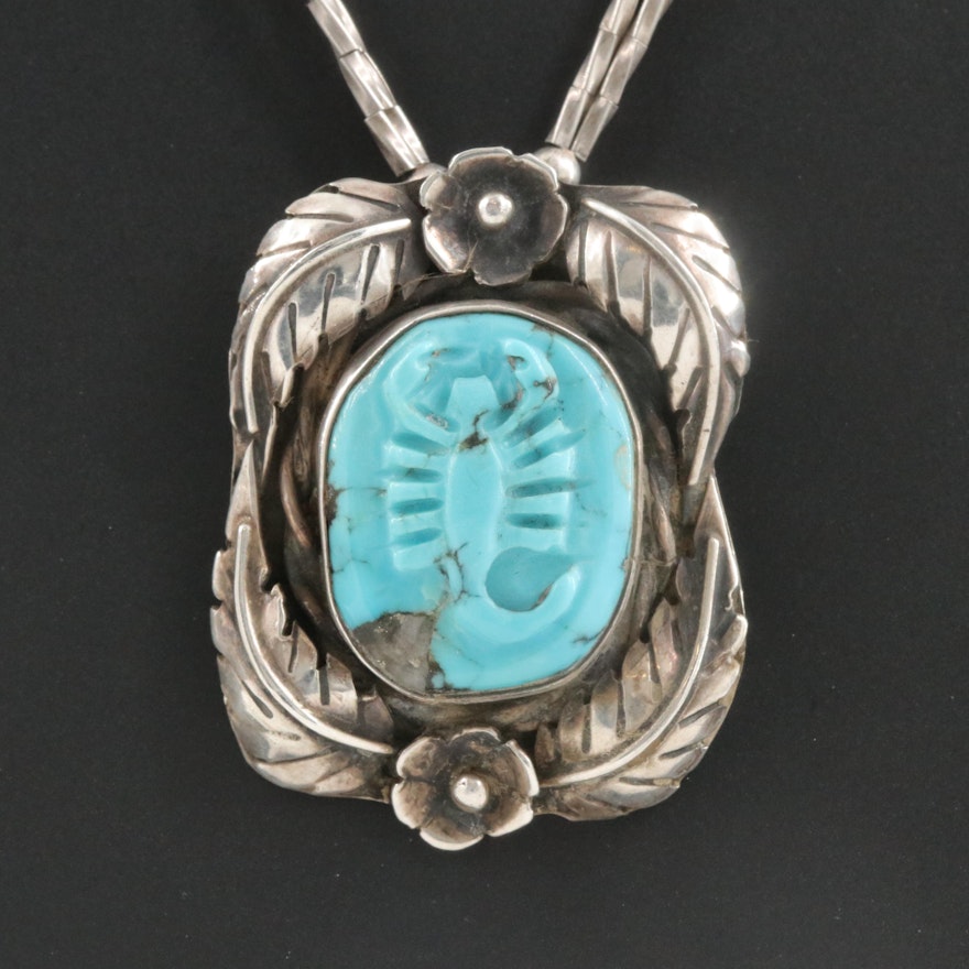 Western Signed Sterling Turquoise Scorpion Appliqué Necklace