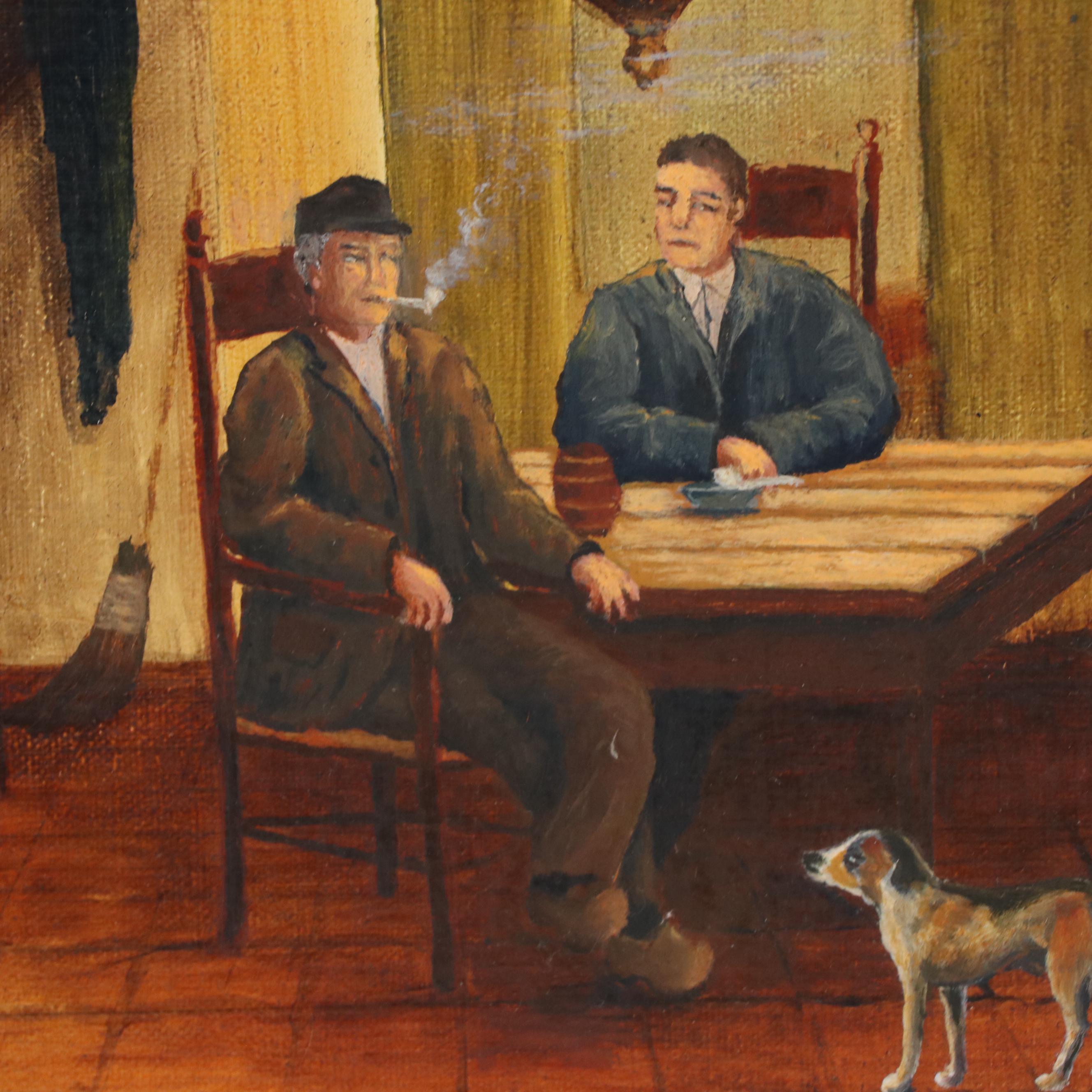 Genre Oil Painting of Figures in Interior Scene