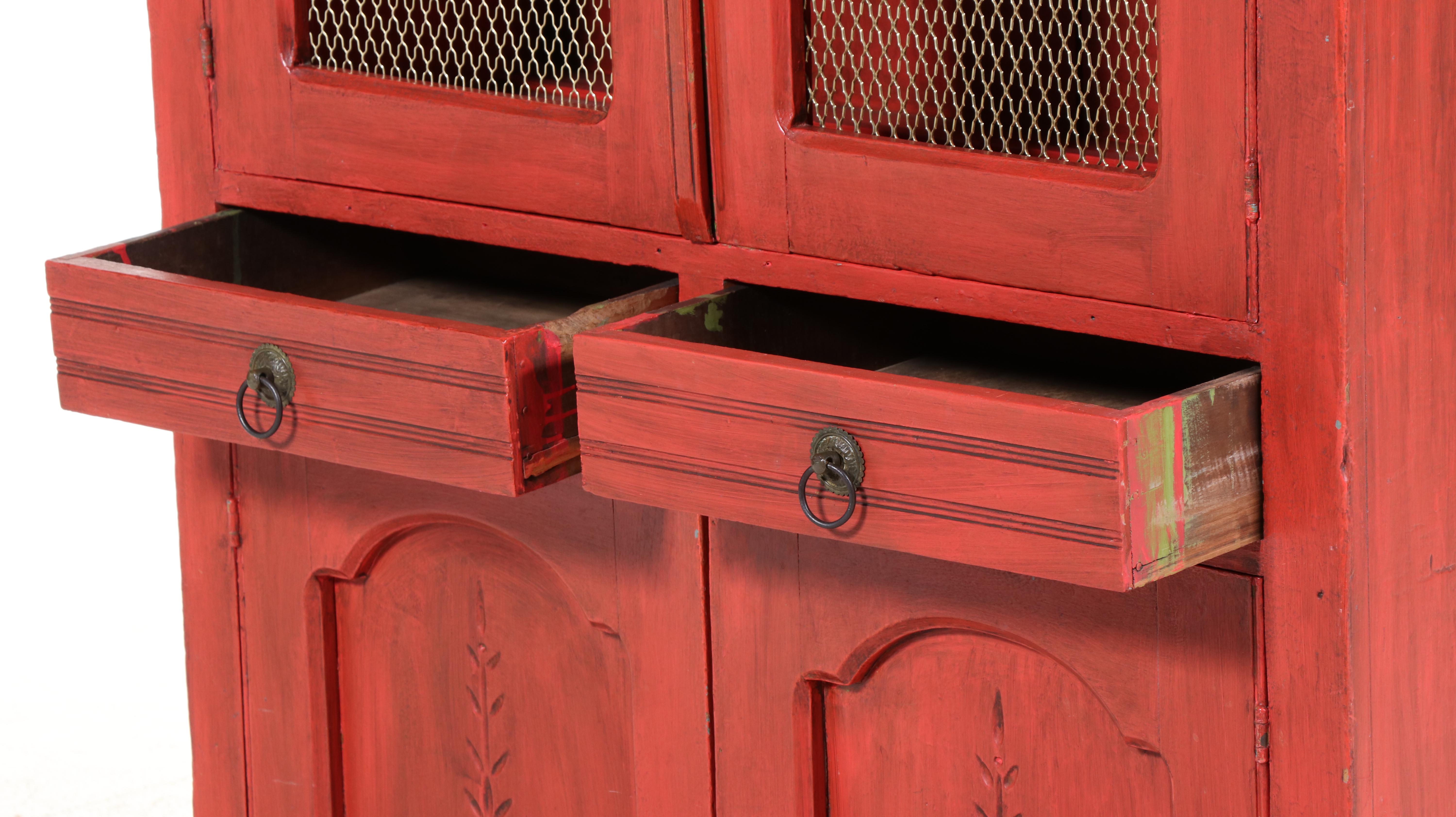 American Primitive Red-Painted Pie Safe Cupboard, Late 19th Century
